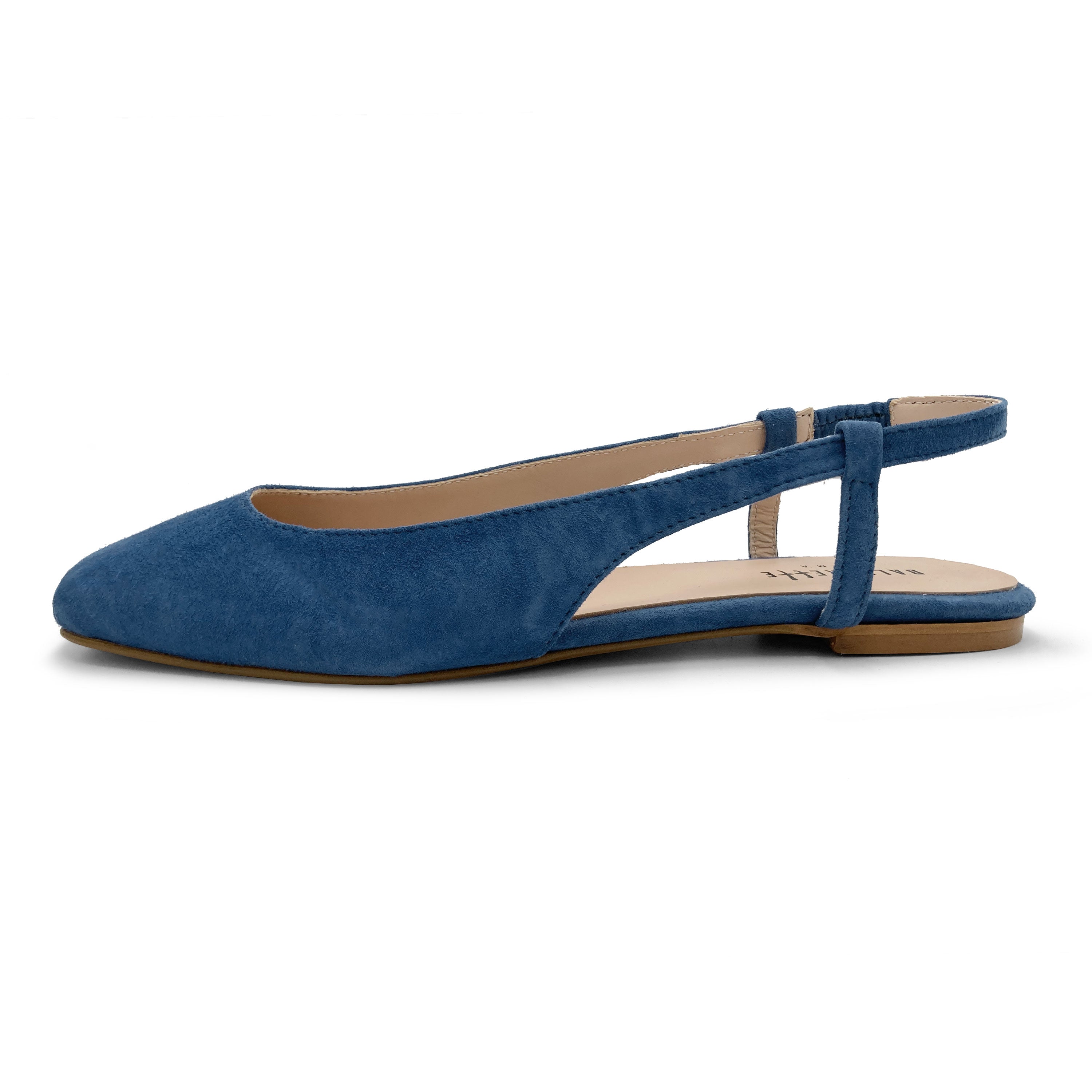 Cerulean blue suede square toe slingback ballet flats