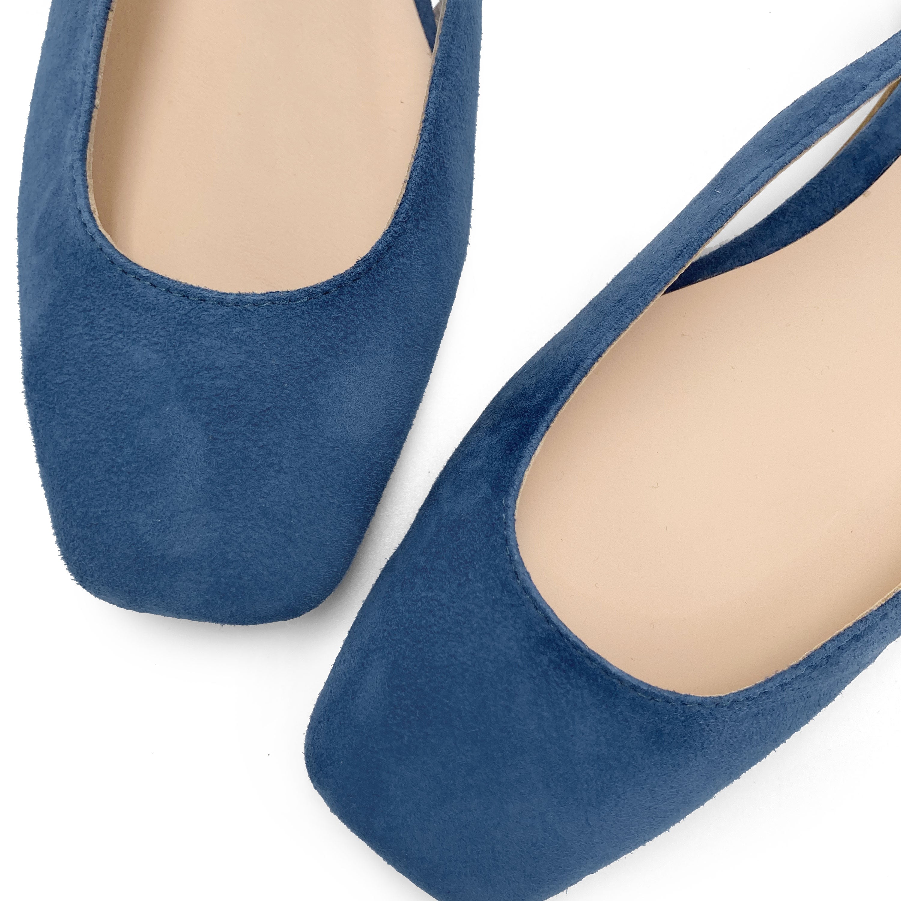 Ballerine slingback a punta quadrata azzurre ceruleo in camoscio