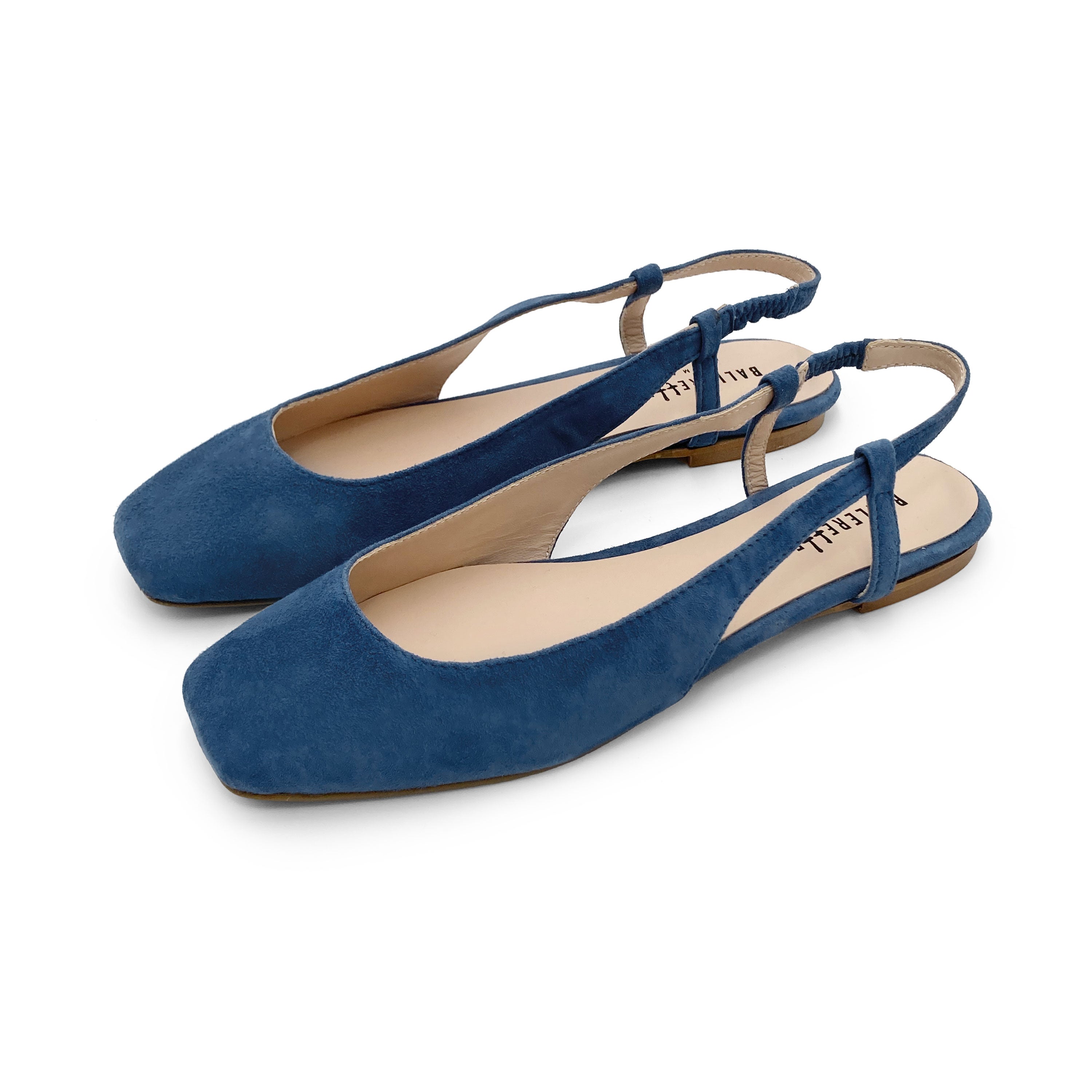 Ballerine slingback a punta quadrata azzurre ceruleo in camoscio