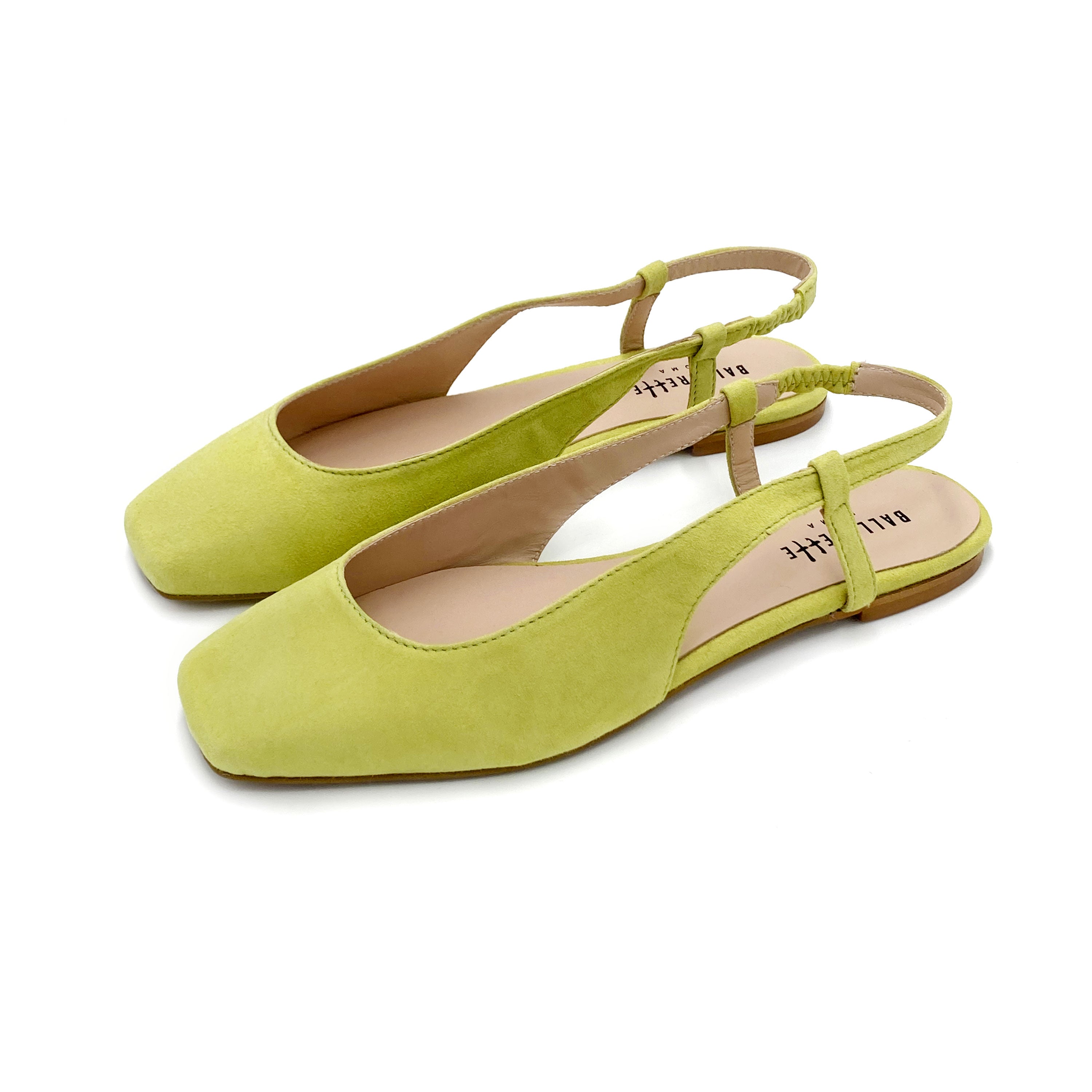 Lime green suede square toe slingback ballet flats