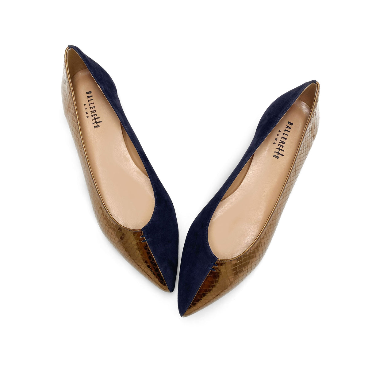 Zweifarbige Ballerinas mit bronzefarbener und blauer Spitze
