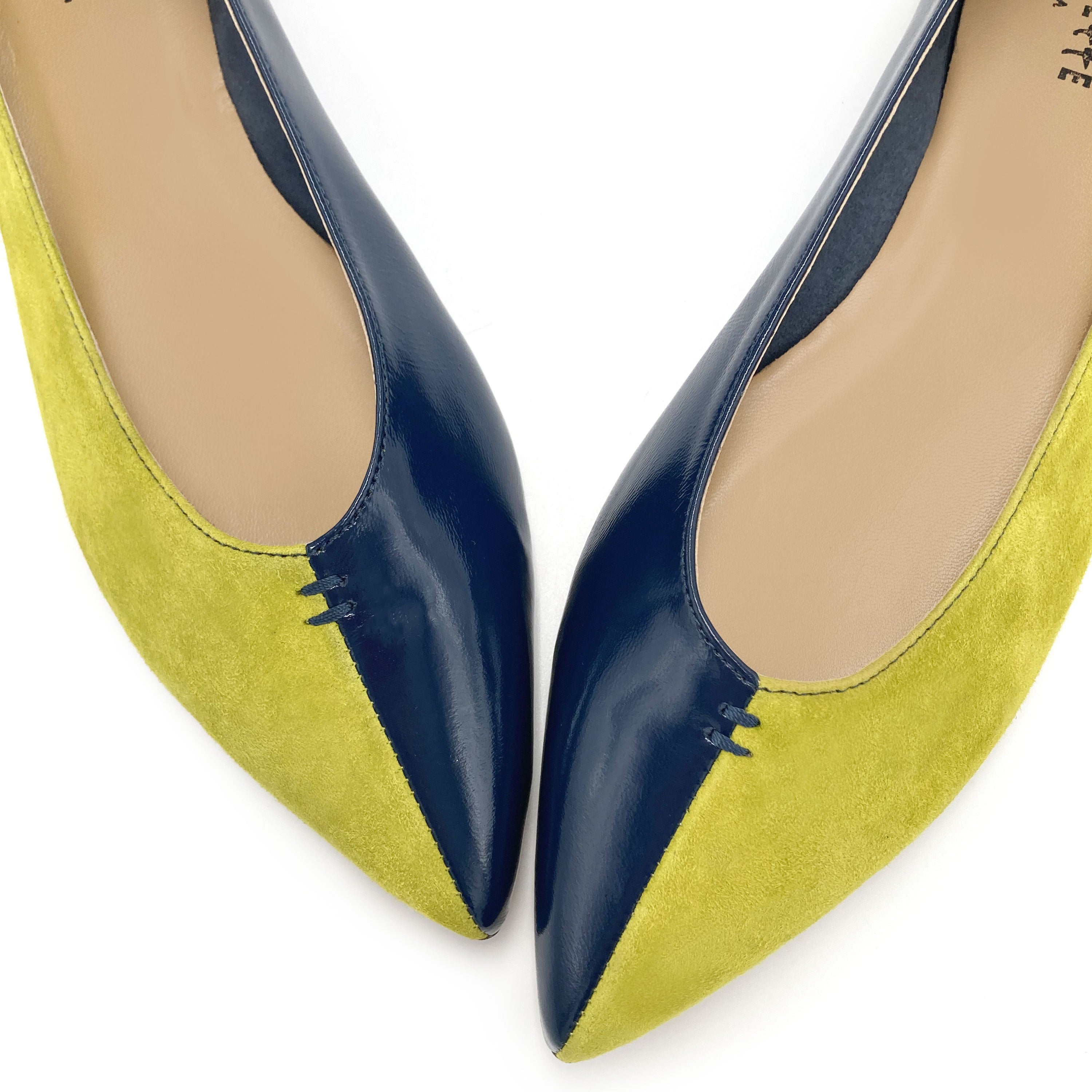 Ballerine a punta bicolor blu e lime