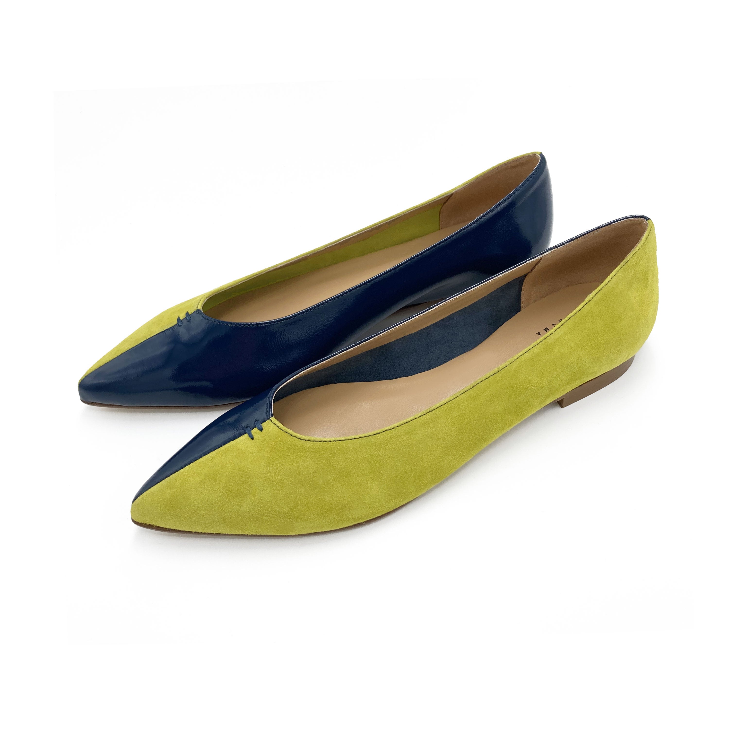 Ballerine a punta bicolor blu e lime