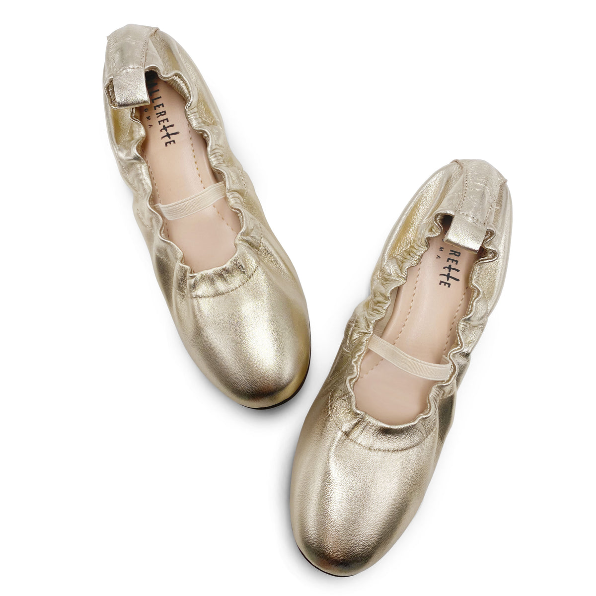 Gold leather glove ballet flats with elastic strap