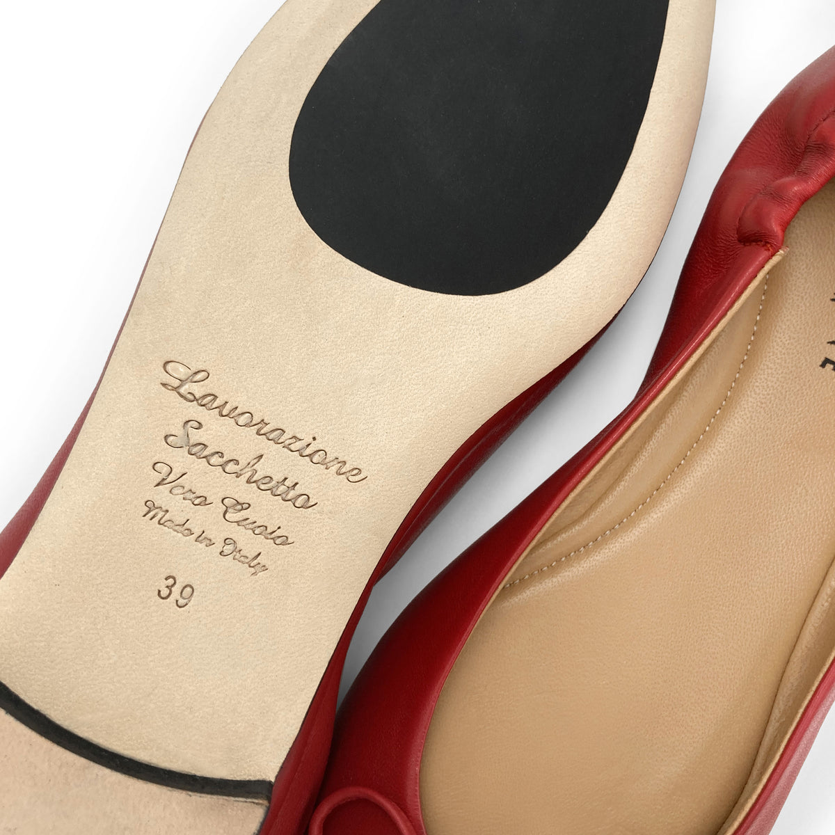 Red leather ballet flats with sacchetto construction