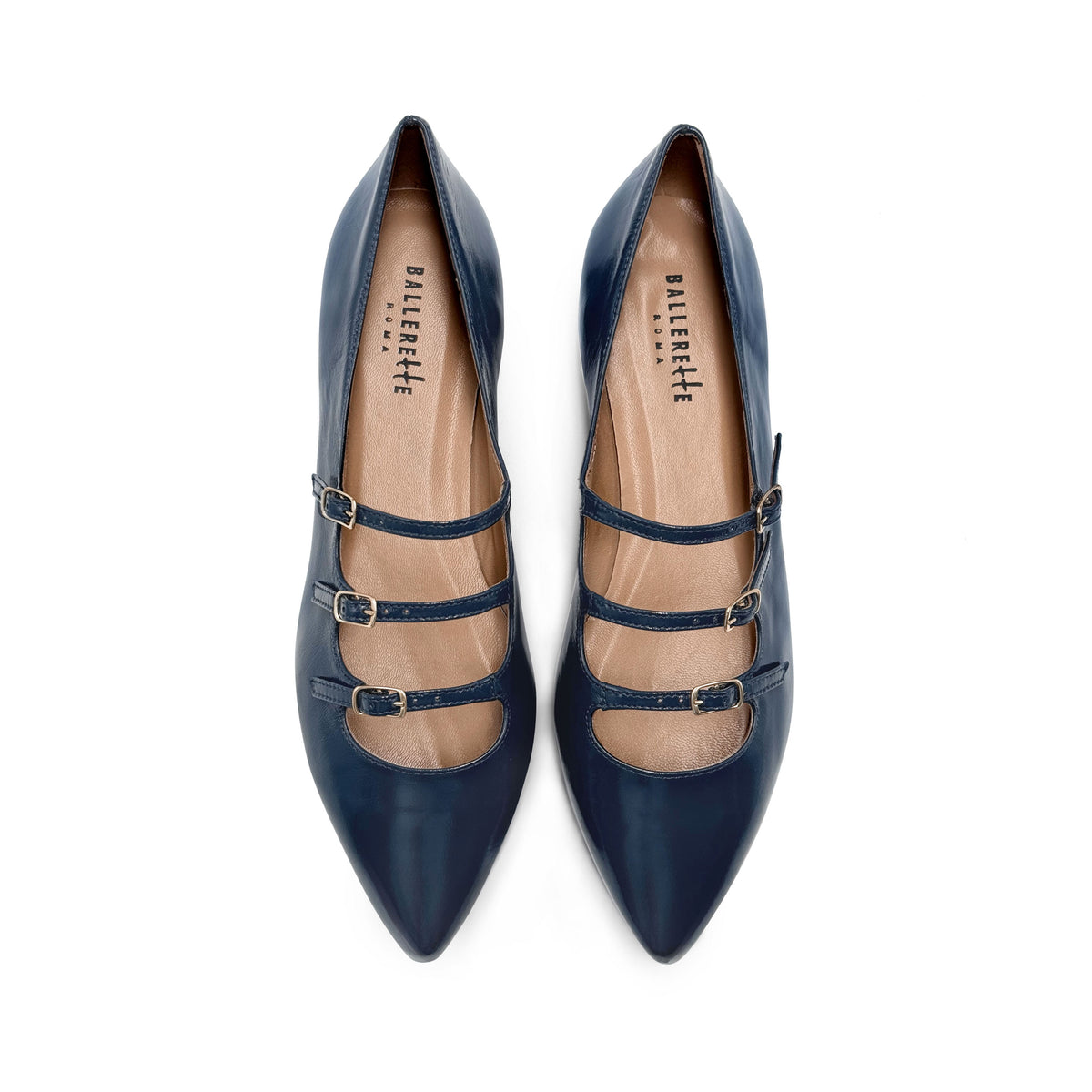 Blue shiny pointed-toe ballet flats with straps