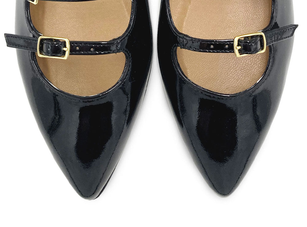 Black shiny pointed ballet flats with three straps