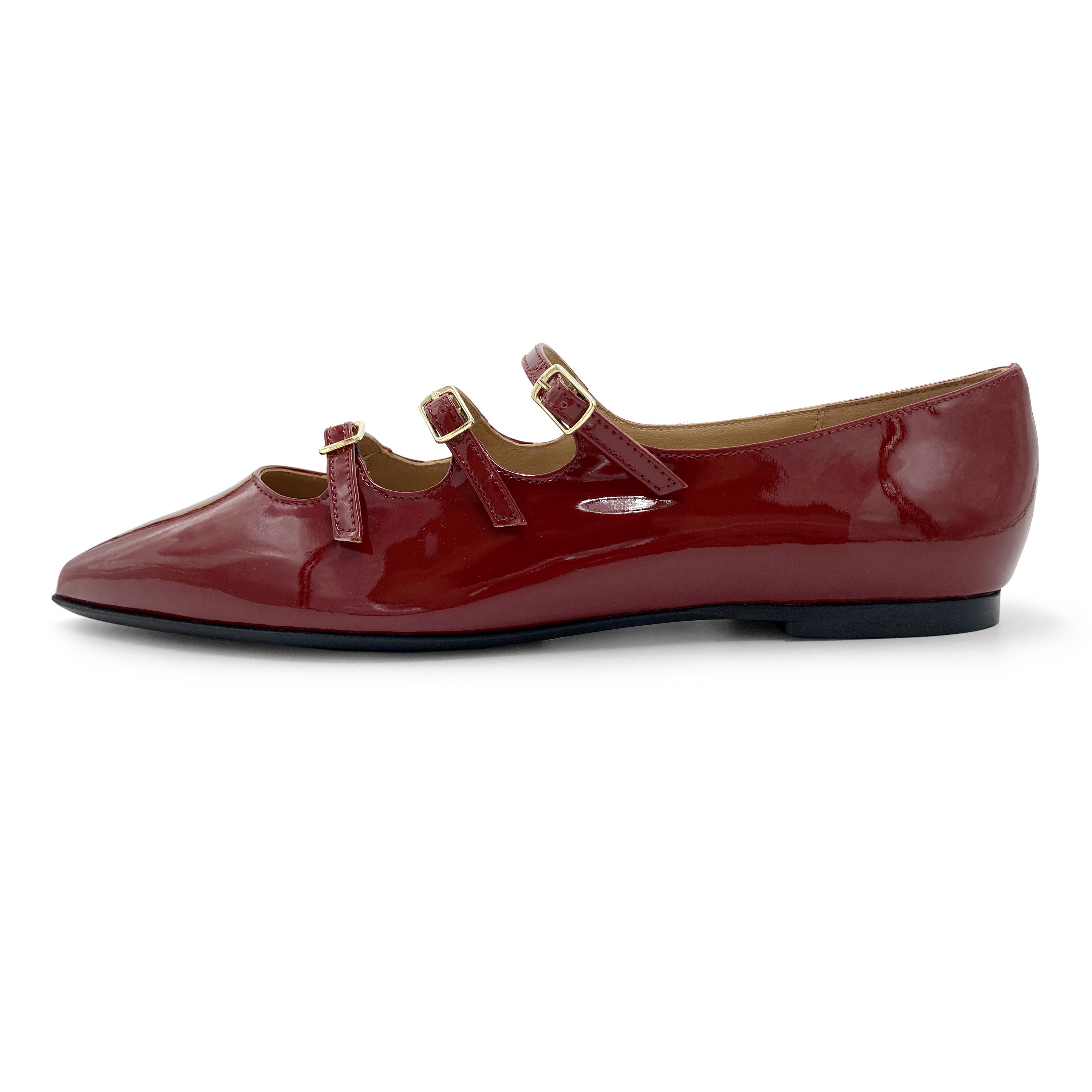 Red shiny pointed ballet flats with three straps