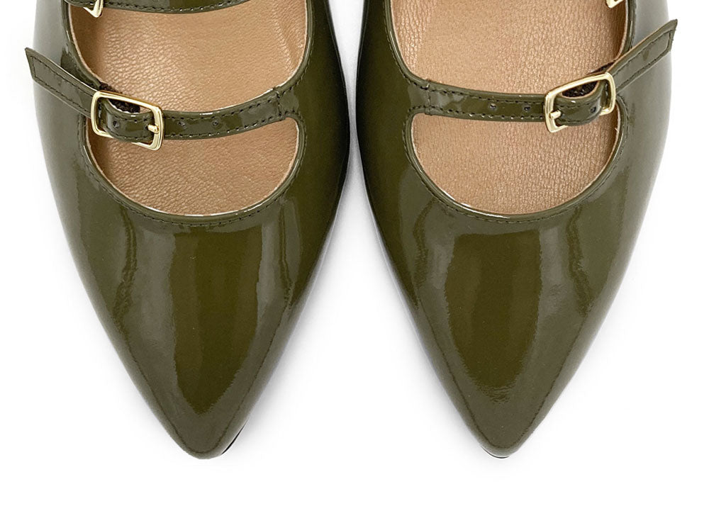 Green shiny pointed ballet flats with three straps