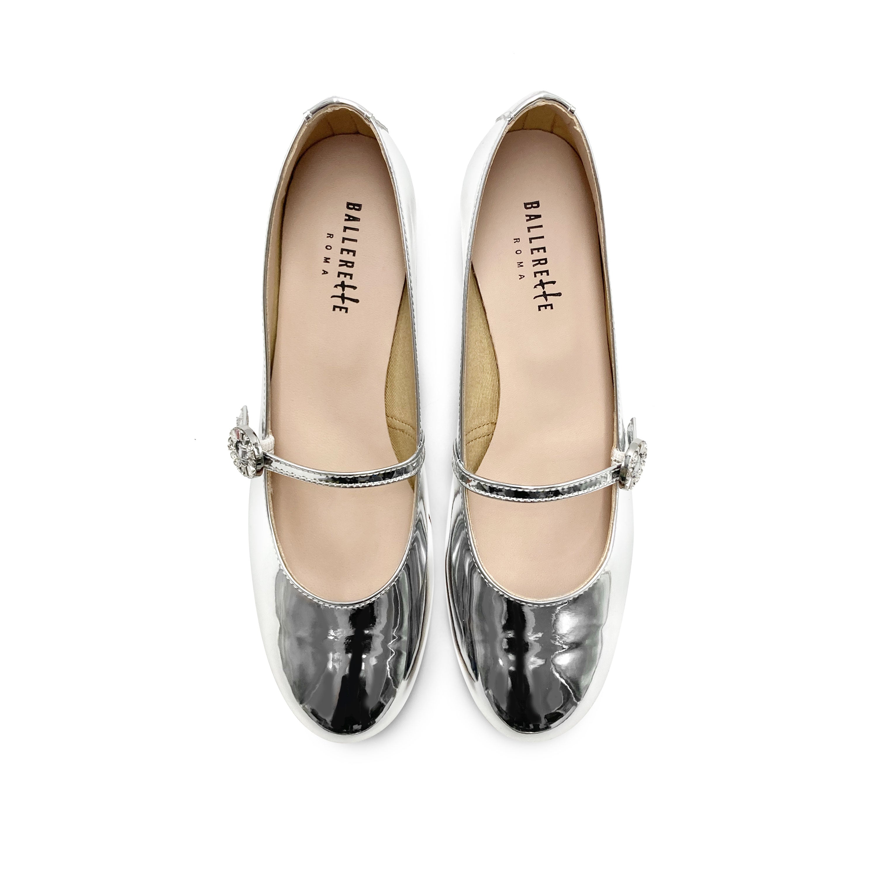 Ballerine Mary Jane argento specchiate con cinturino e tacco alto