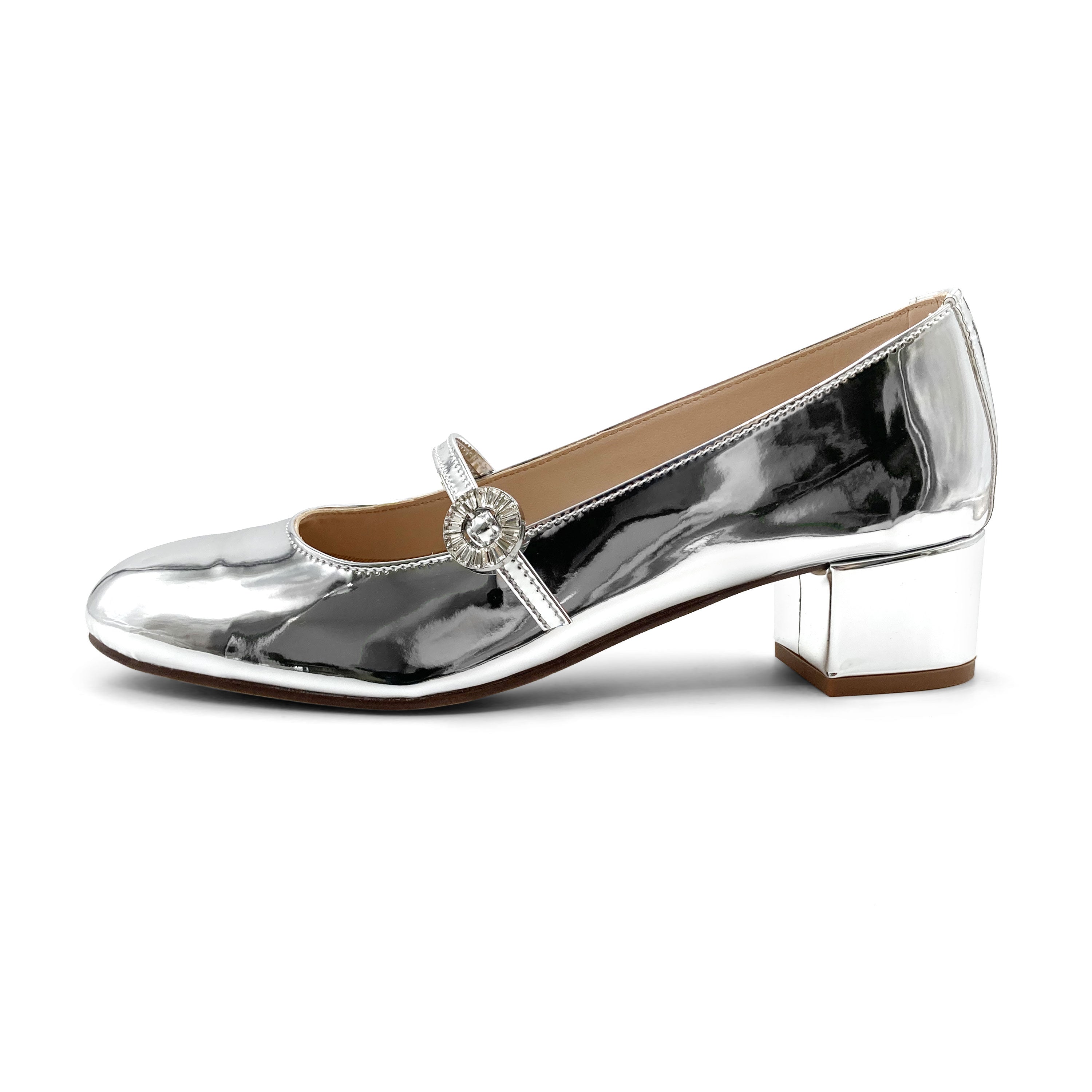 Ballerines Mary Jane en vernis argent miroir avec bride et talon haut