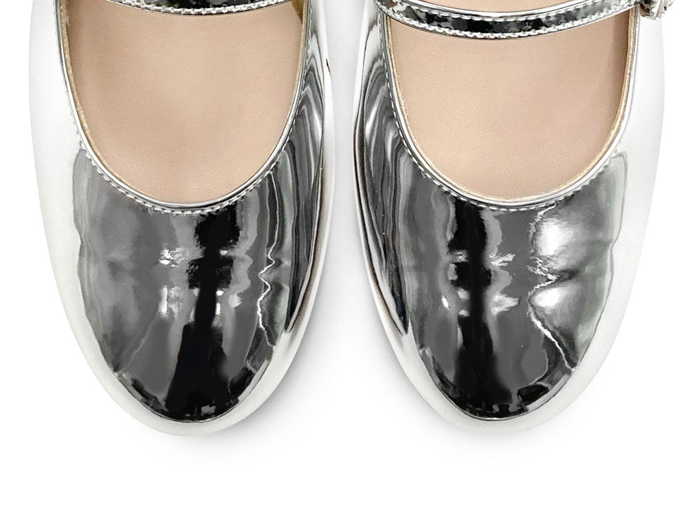 Ballerines Mary Jane en vernis argent miroir avec bride et talon haut