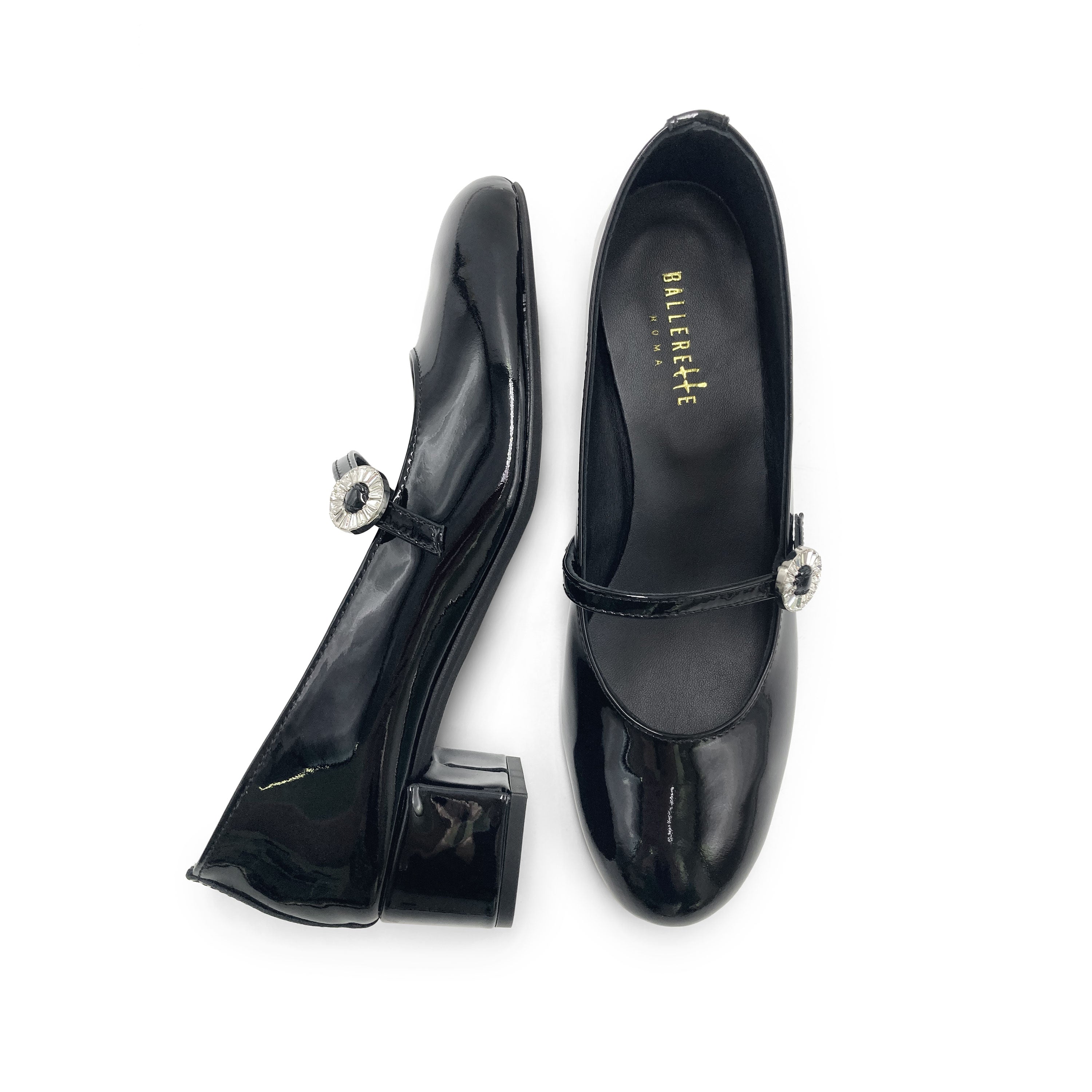 Ballerines Mary Jane vernies noires à talon et bride bijou