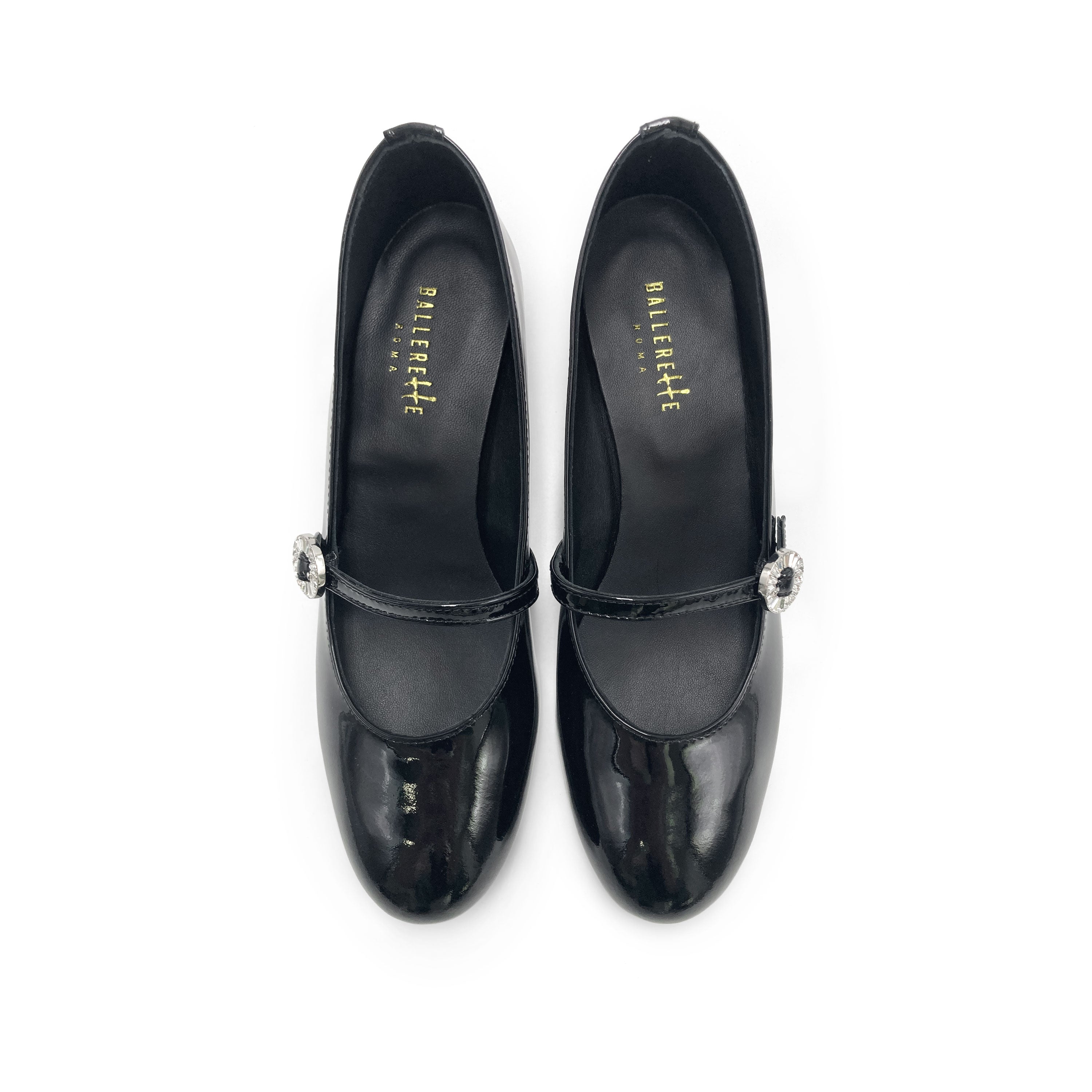 Ballerines Mary Jane vernies noires à talon et bride bijou