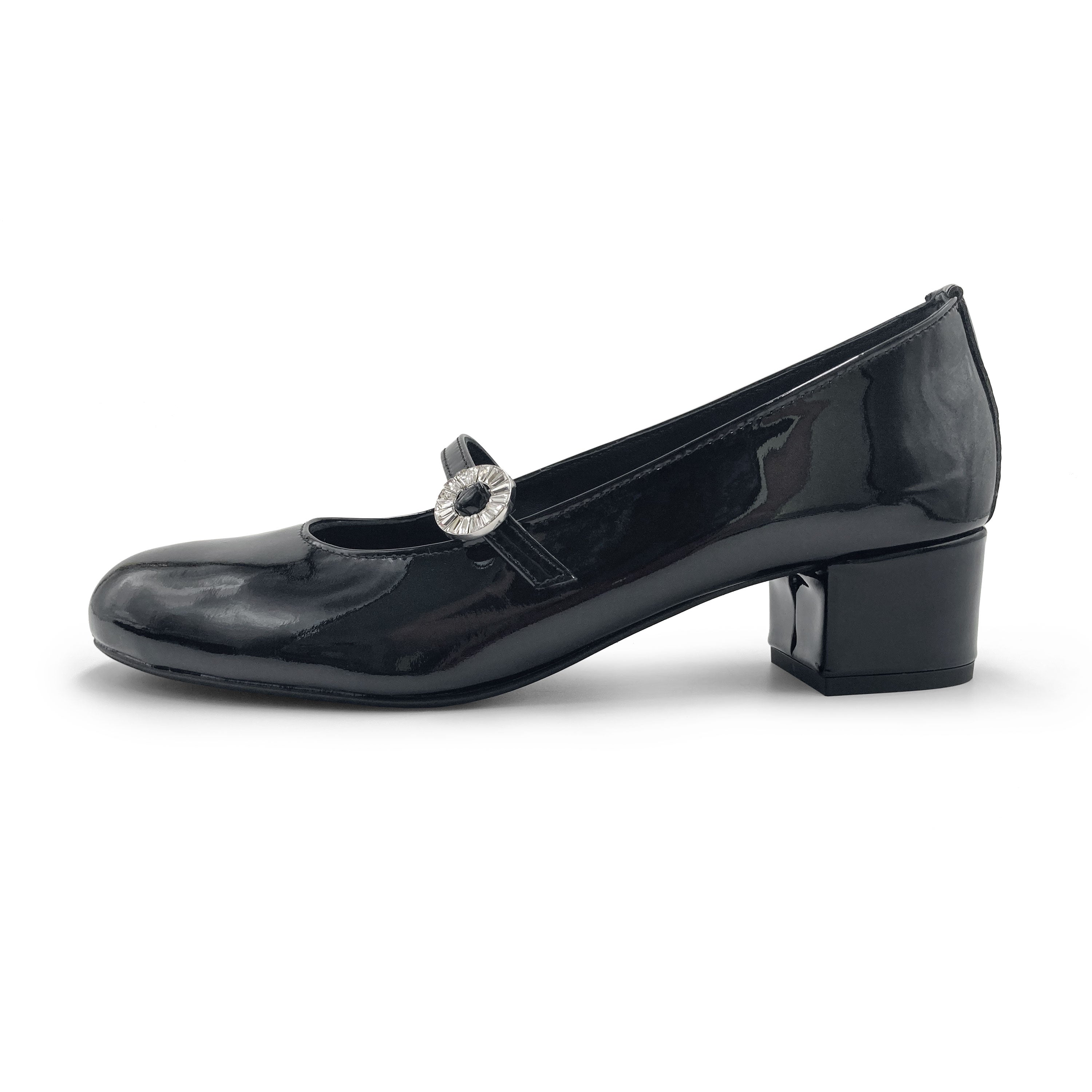 Black patent leather Mary Jane ballet flats with heel and jewelled strap