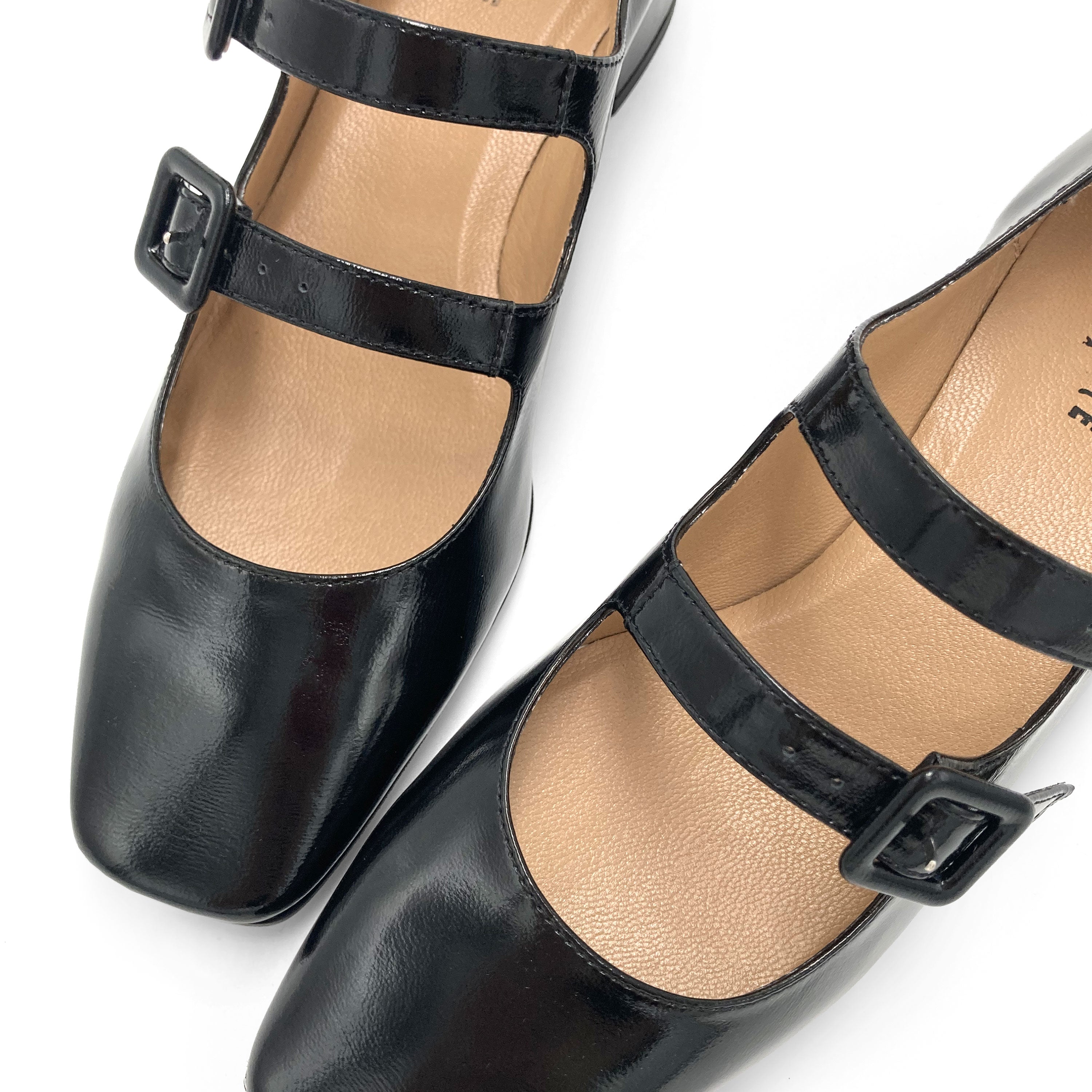 Bailarinas Mary Jane negras brillantes con tacón y punta cuadrada