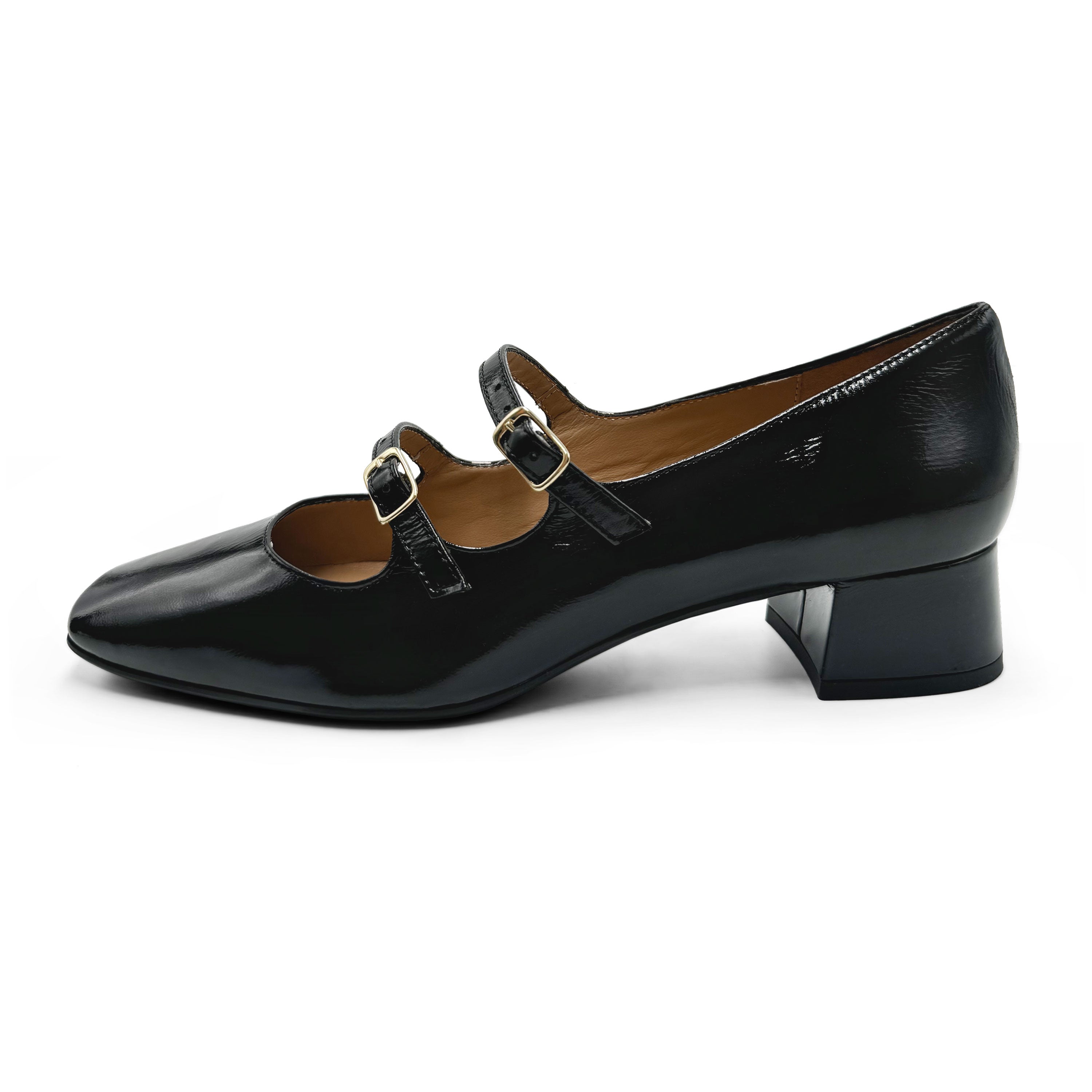 Black shiny leather Mary Jane shoes with two straps and high heels