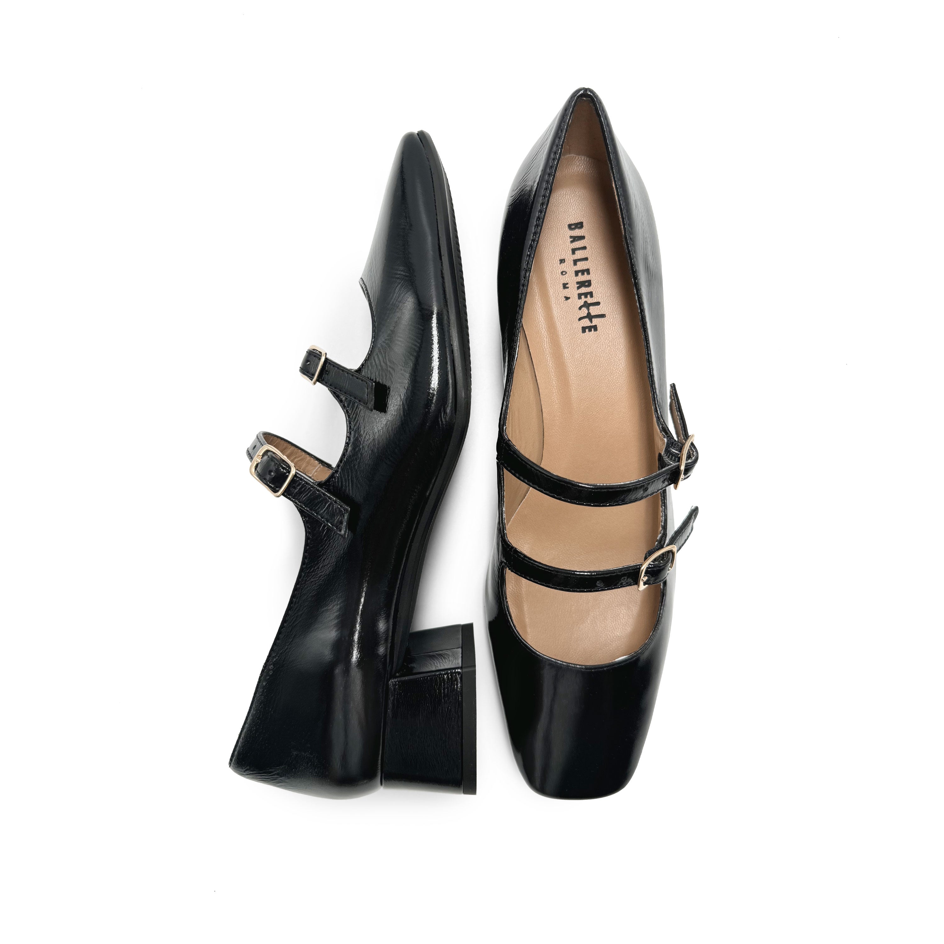 Black shiny leather Mary Jane shoes with two straps and high heels