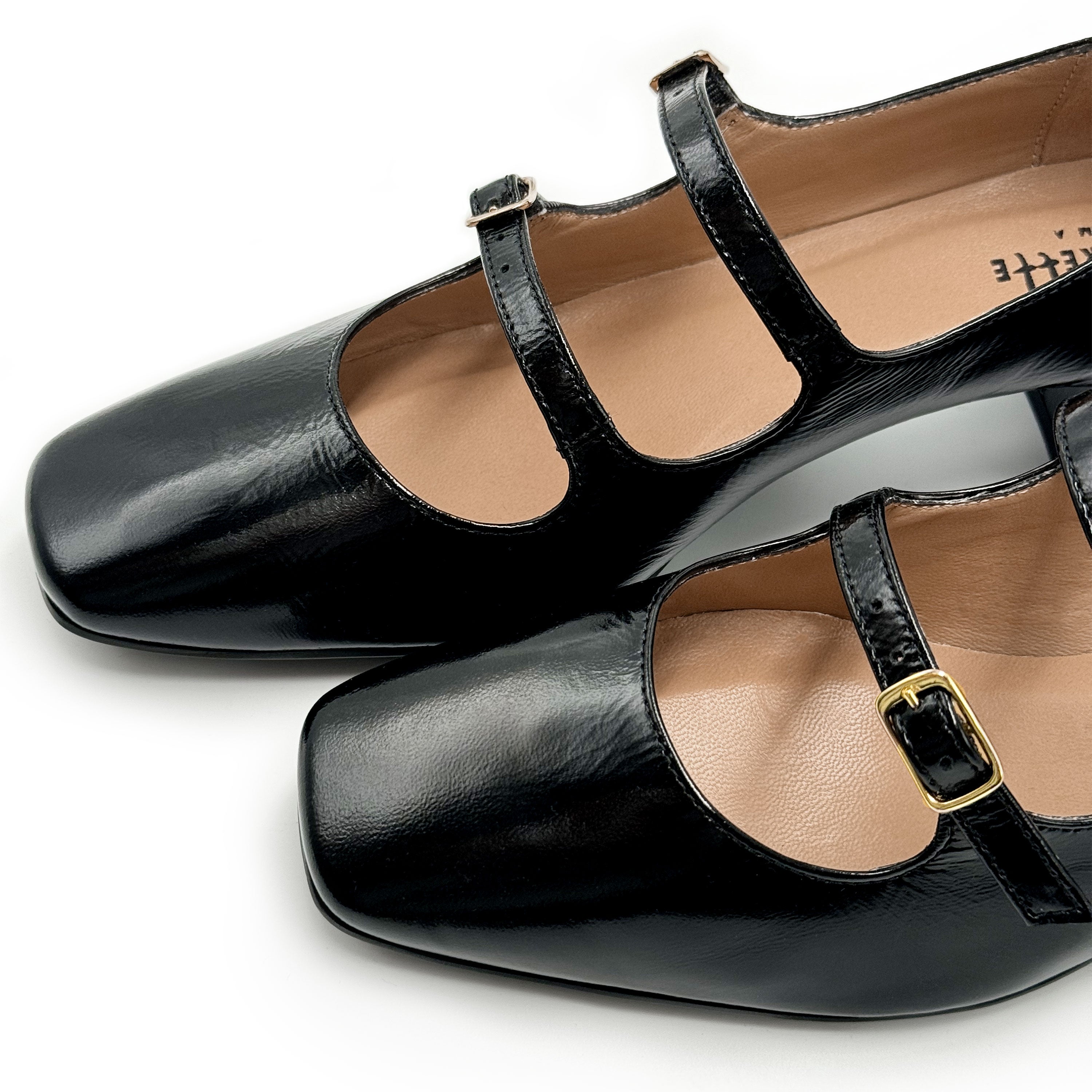 Black shiny leather Mary Jane shoes with two straps and high heels