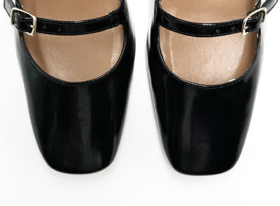 Black shiny leather Mary Jane shoes with two straps and high heels