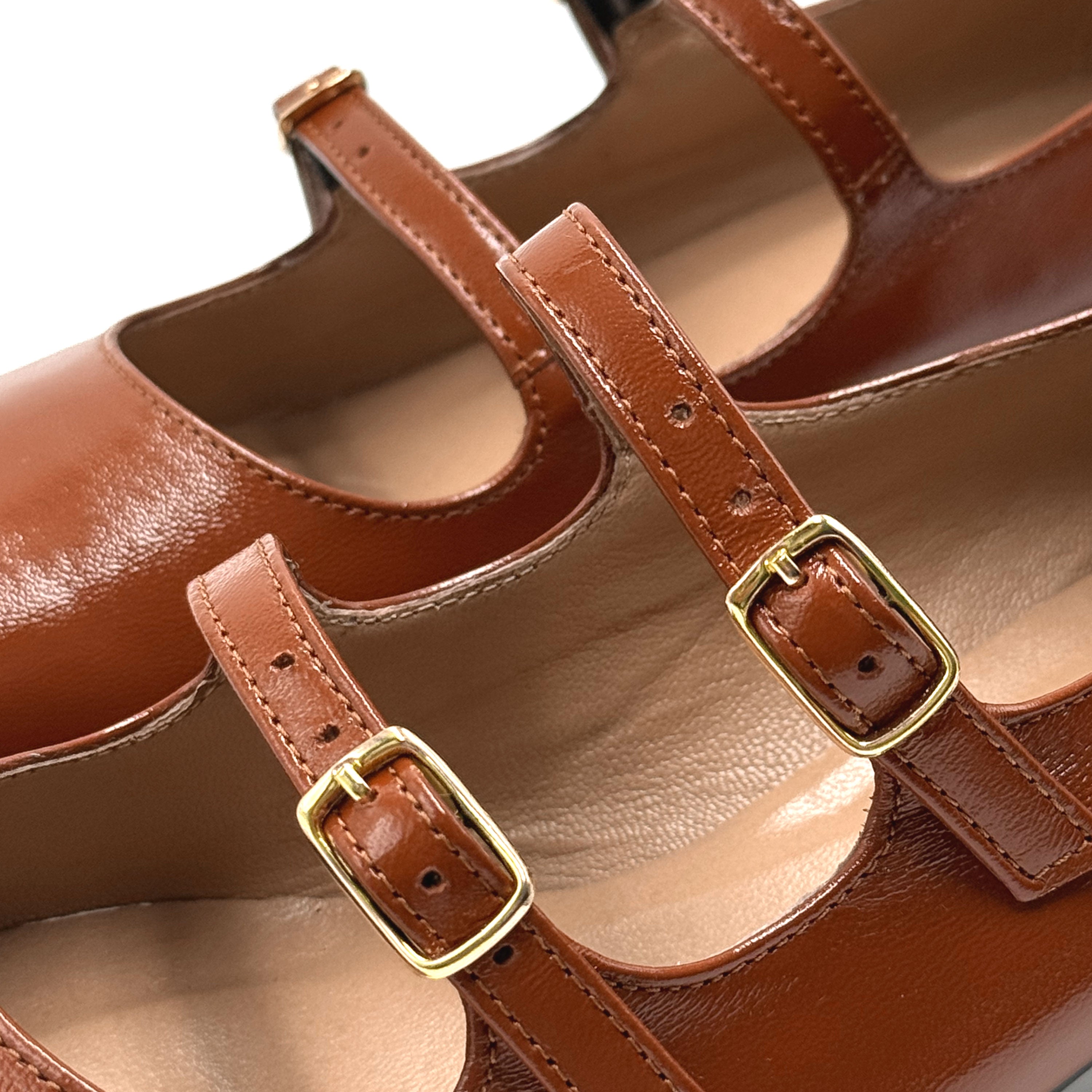 Brown shiny leather Mary Jane shoes with two straps and high heels