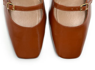 Brown shiny leather Mary Jane shoes with two straps and high heels