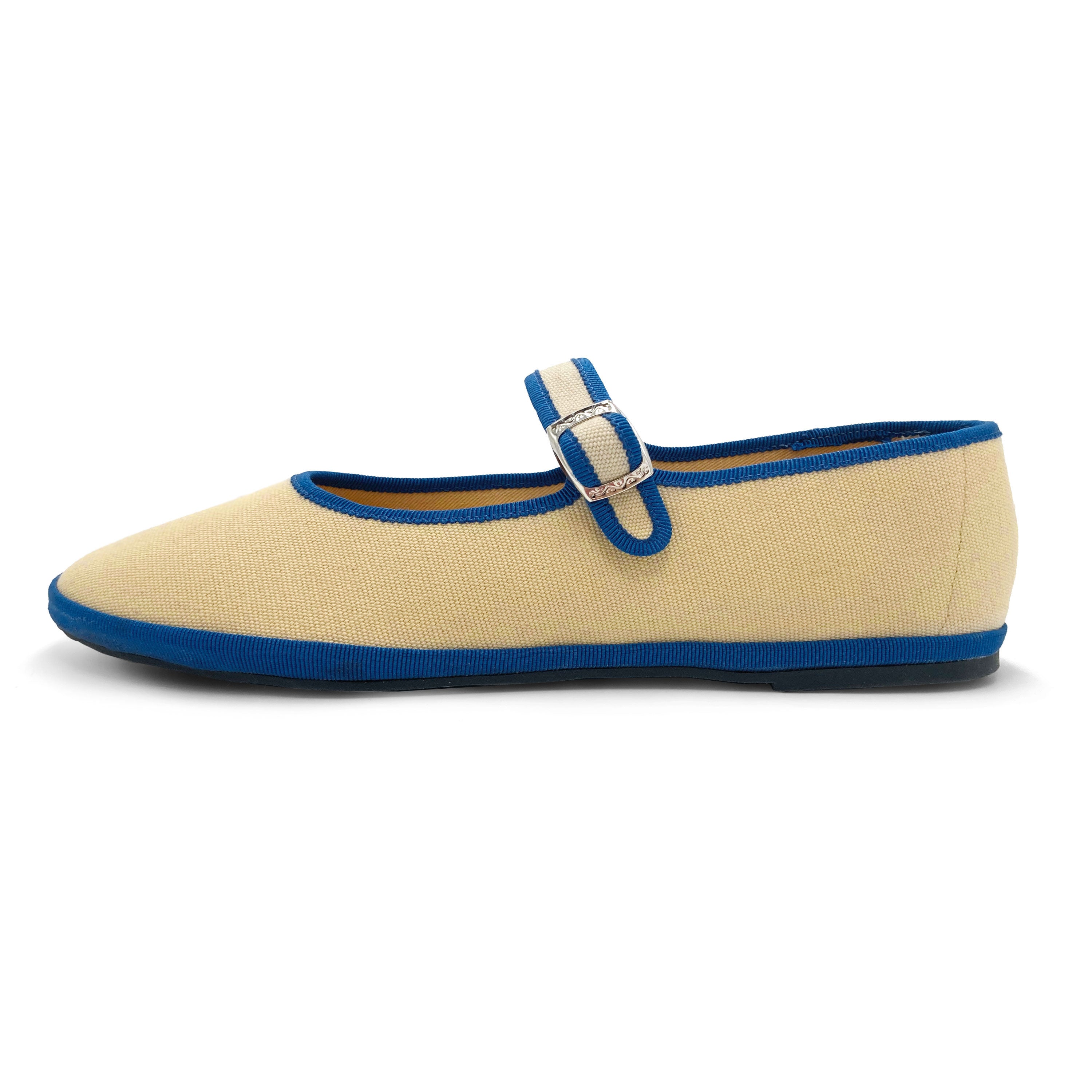 Beige Cotton Mary Jane Friulane with Blue Details