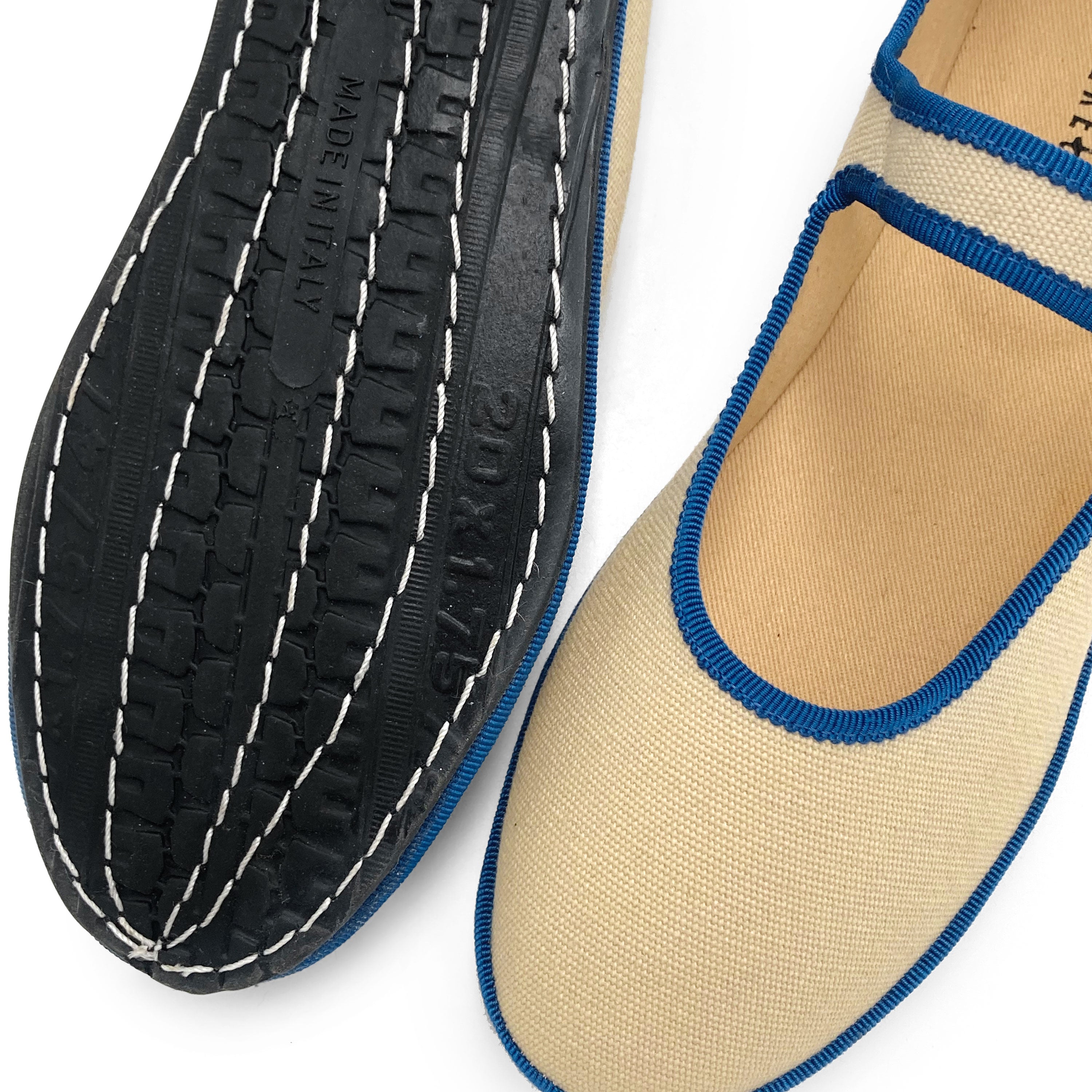 Beige Cotton Mary Jane Friulane with Blue Details