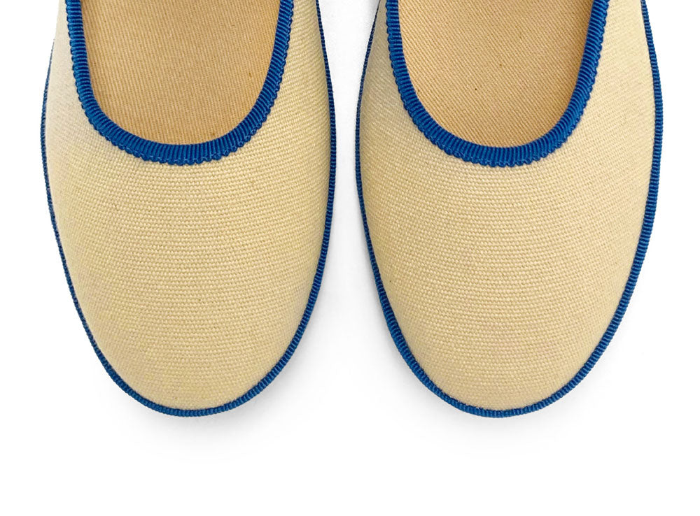 Beige Cotton Mary Jane Friulane with Blue Details