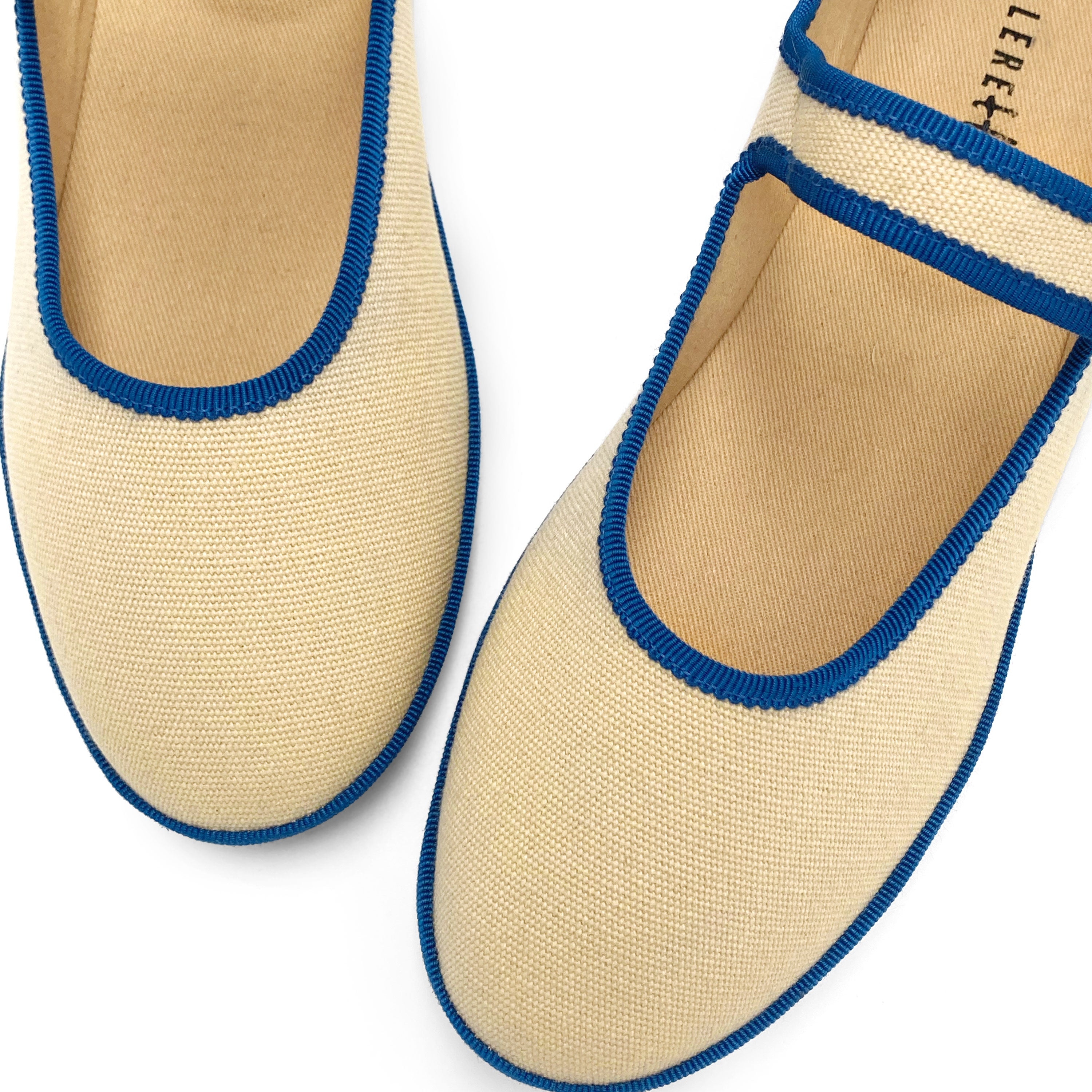 Beige Cotton Mary Jane Friulane with Blue Details