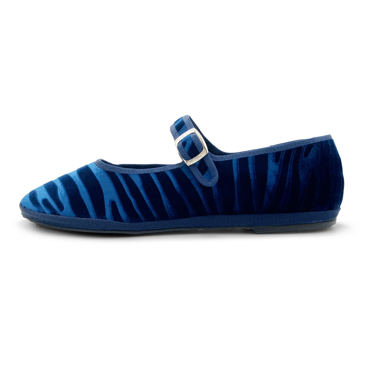Blue zebra-print velvet Mary Jane Friulane ballet flats