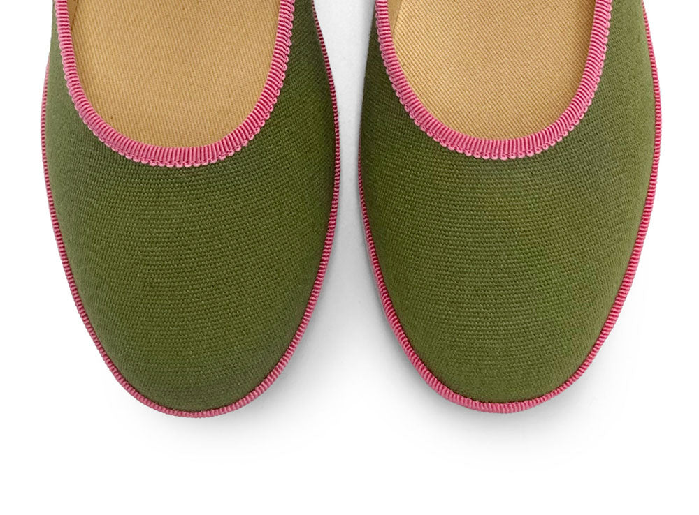 Olive Green Cotton Mary Jane Friulane with Peony Pink Details