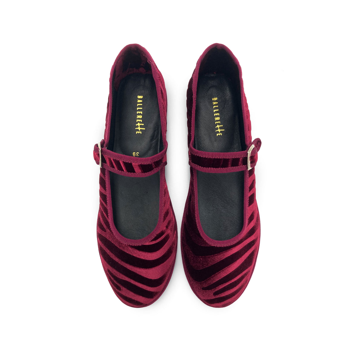 Bordeaux zebra-print velvet Mary Jane Friulane ballet flats
