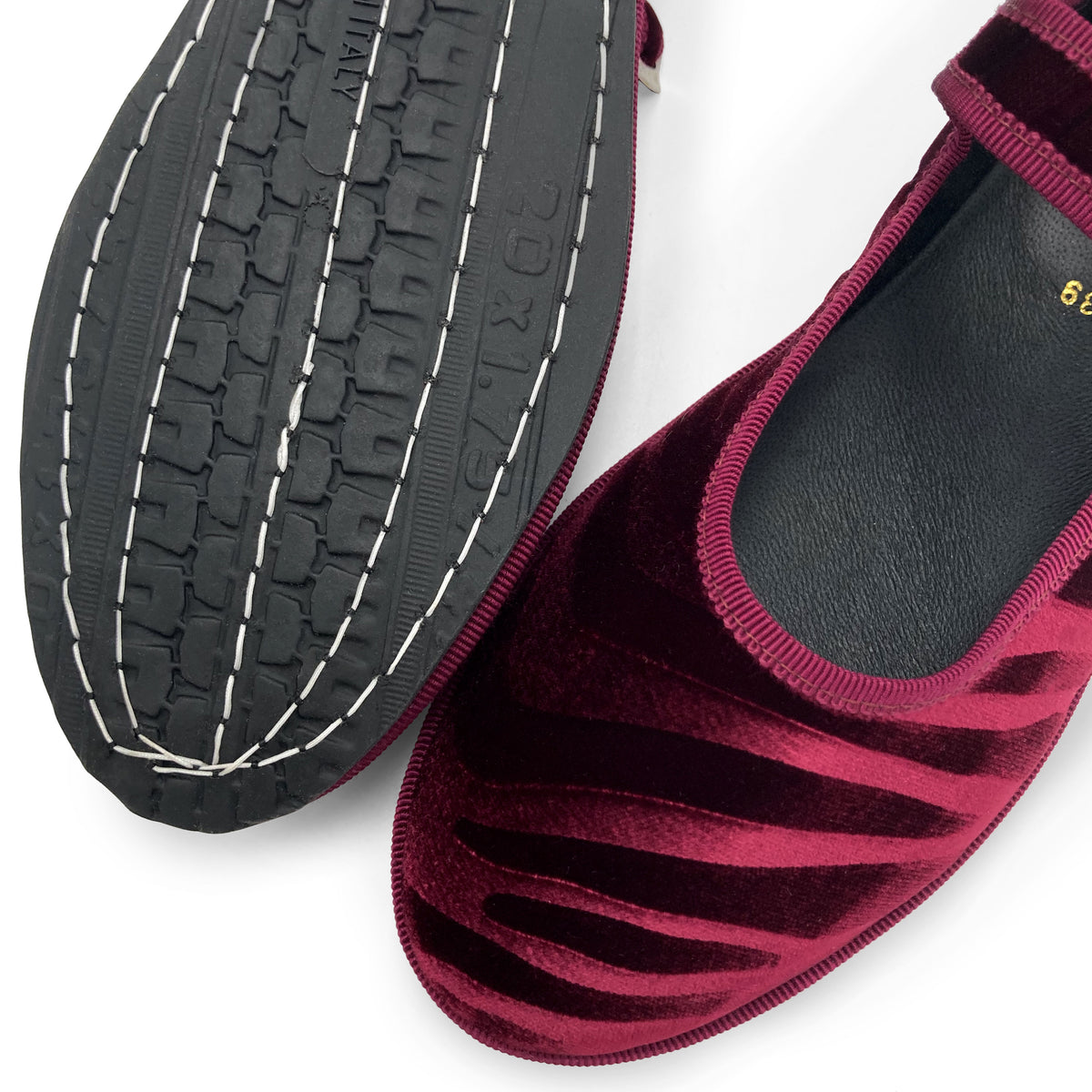 Bordeaux zebra-print velvet Mary Jane Friulane ballet flats