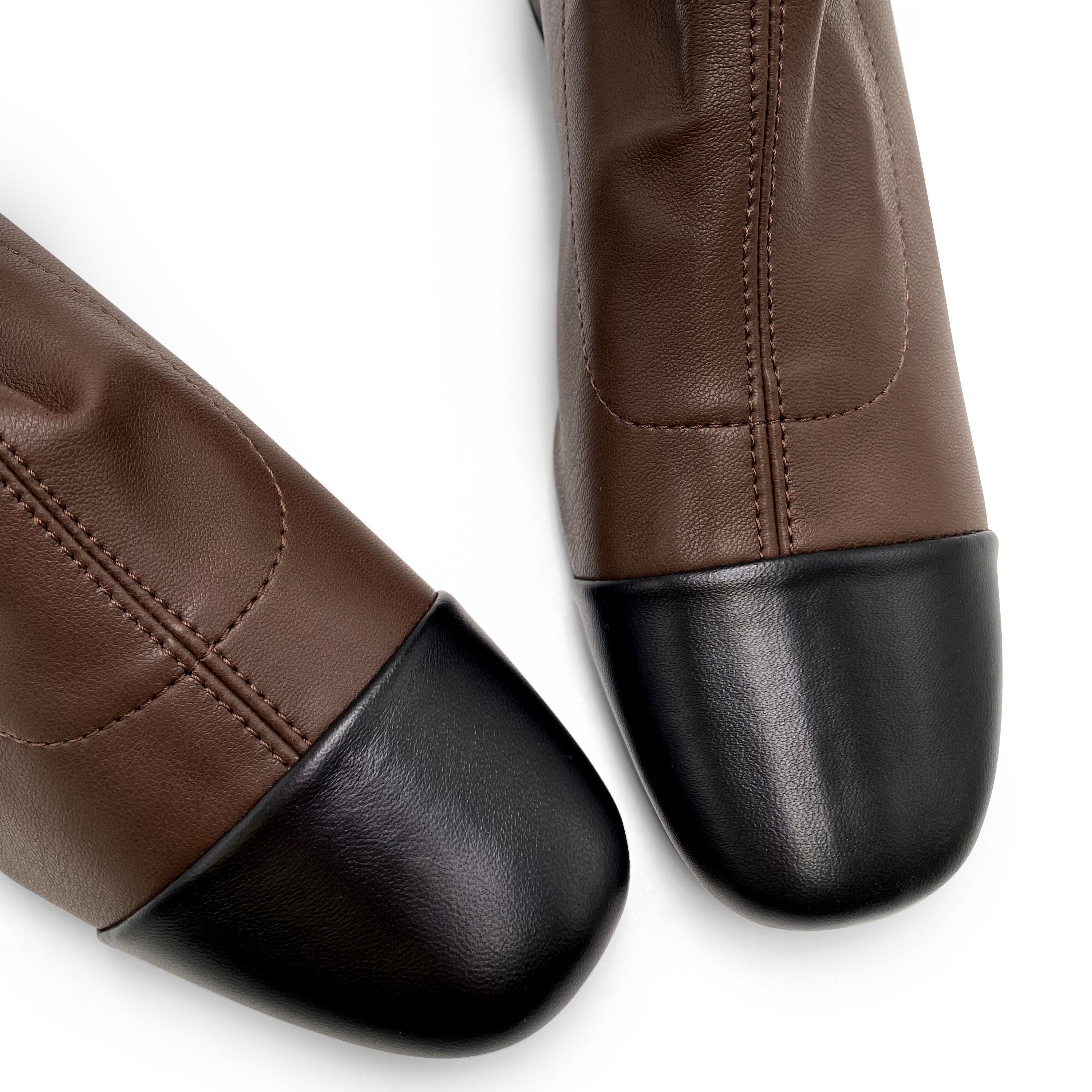 Brown stretch ankle socks boots with black leather toe