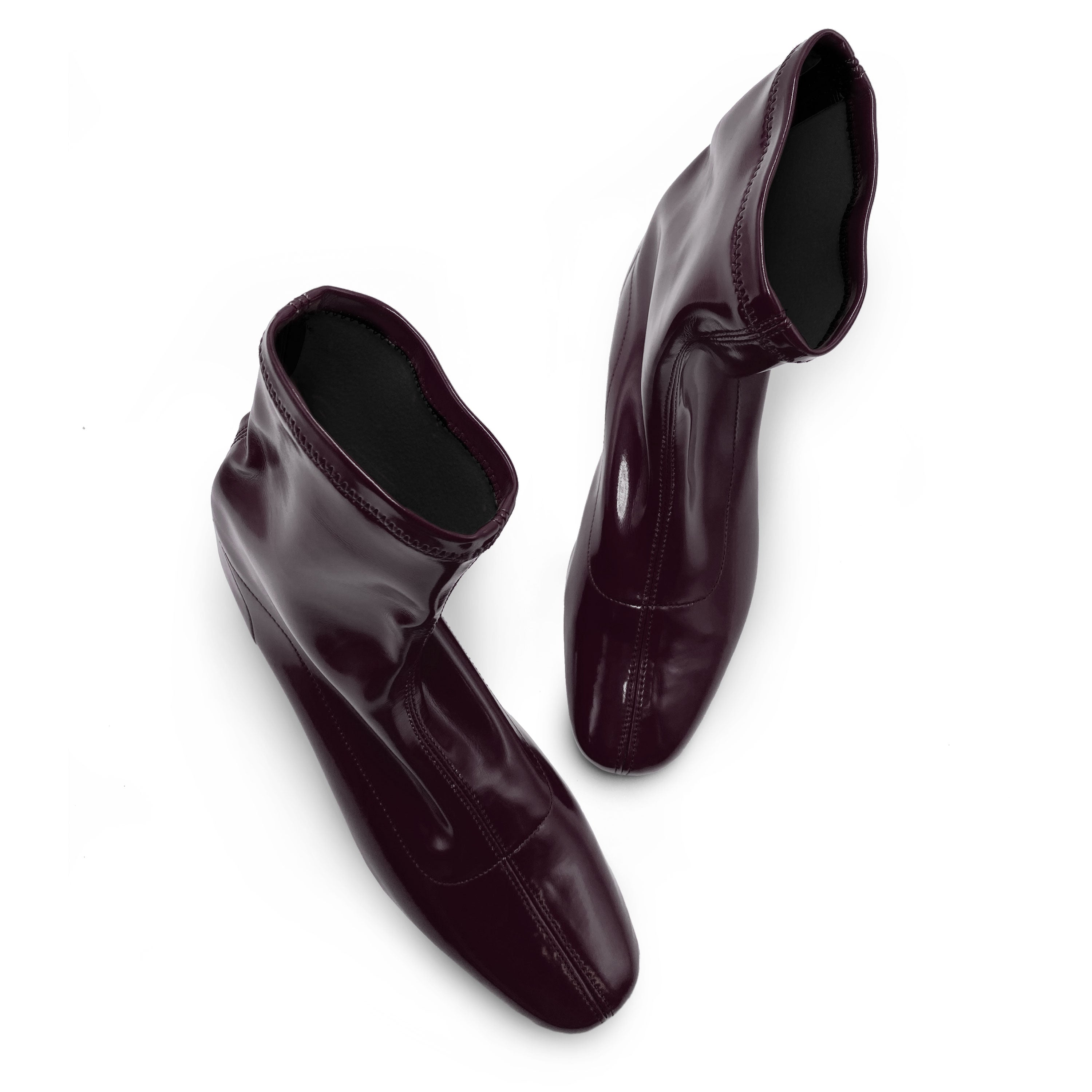 Eggplant patent ankle boots with stretch sock fit