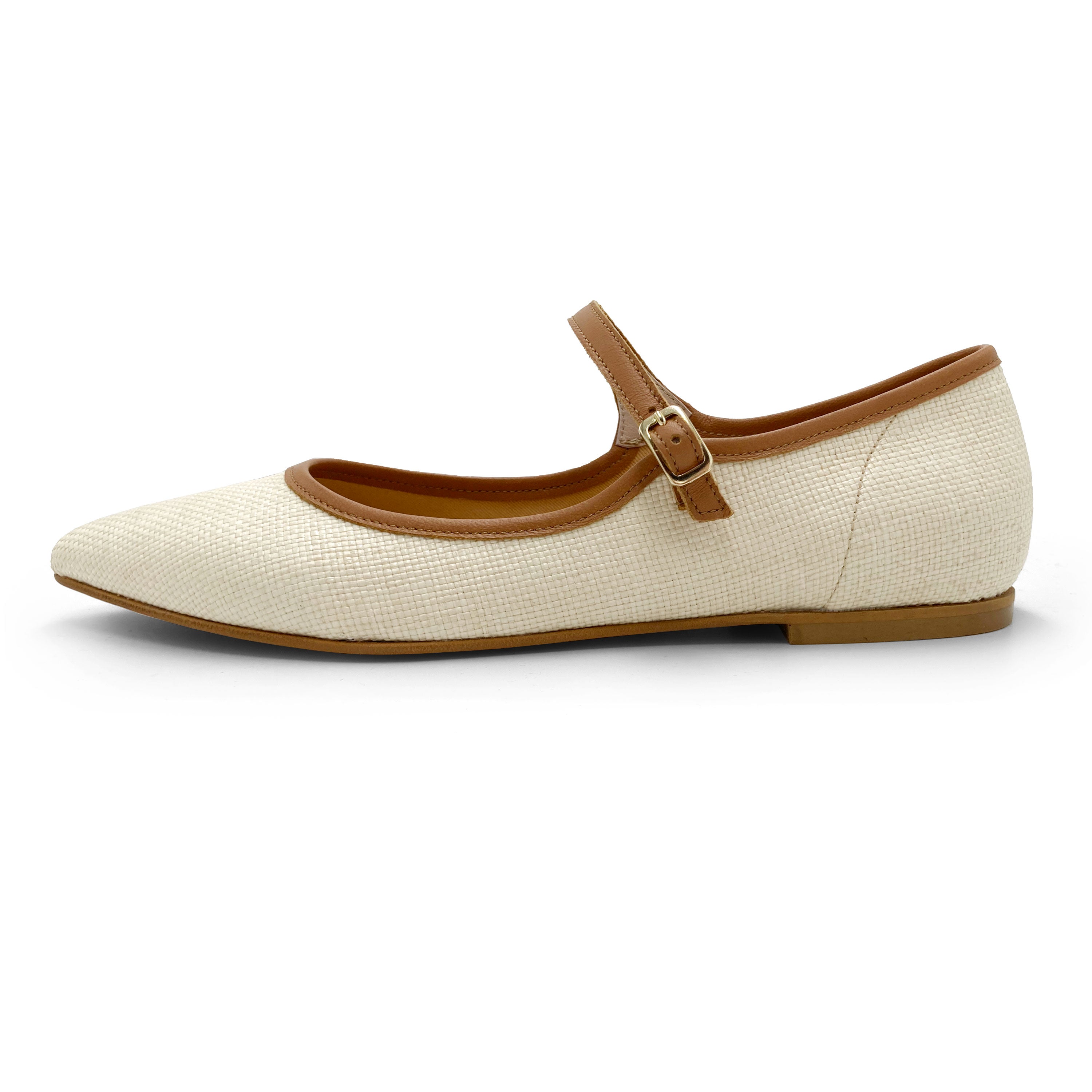 Ballerine Mary Jane estive in rafia beige e cinturino cuoio