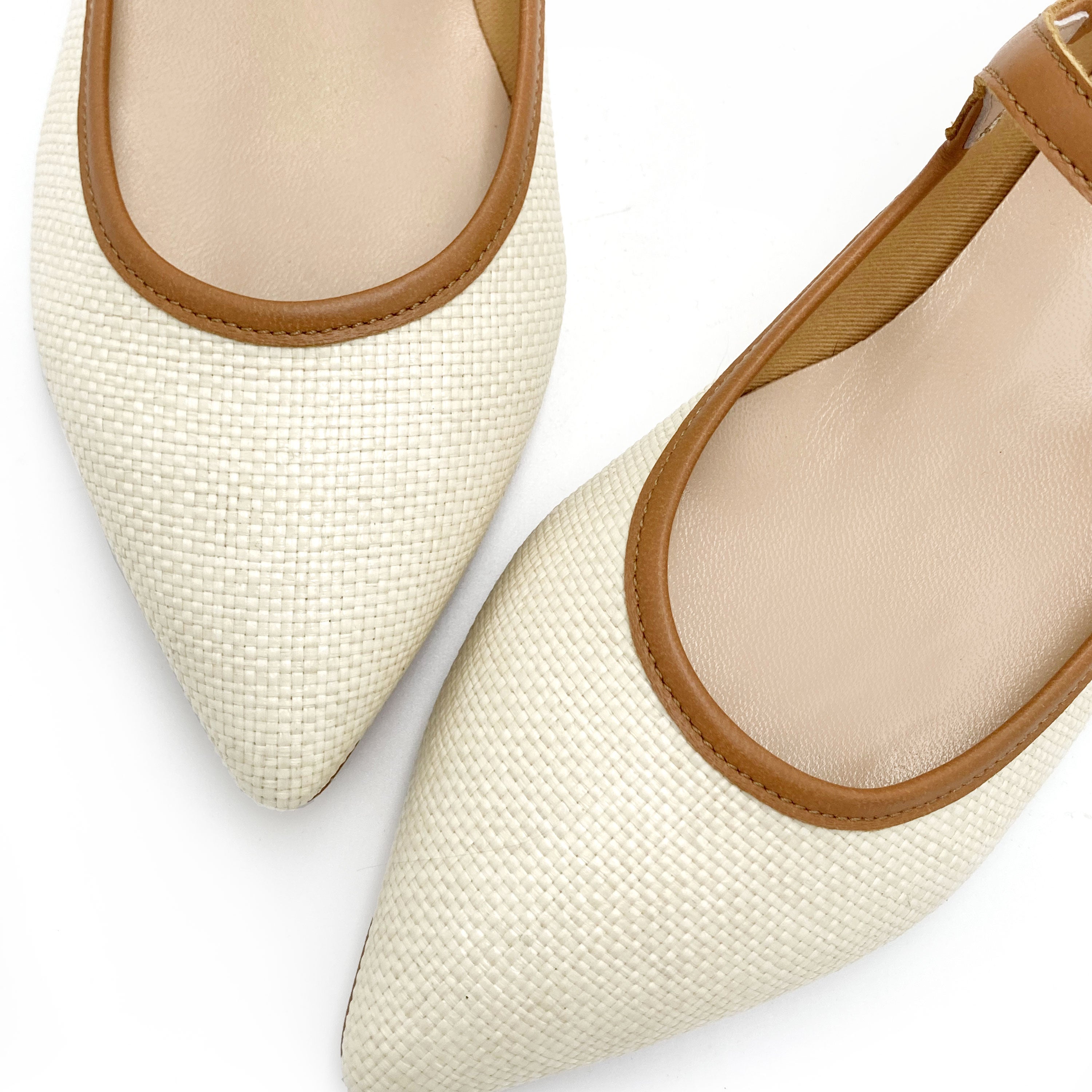 Ballerine Mary Jane estive in rafia beige e cinturino cuoio