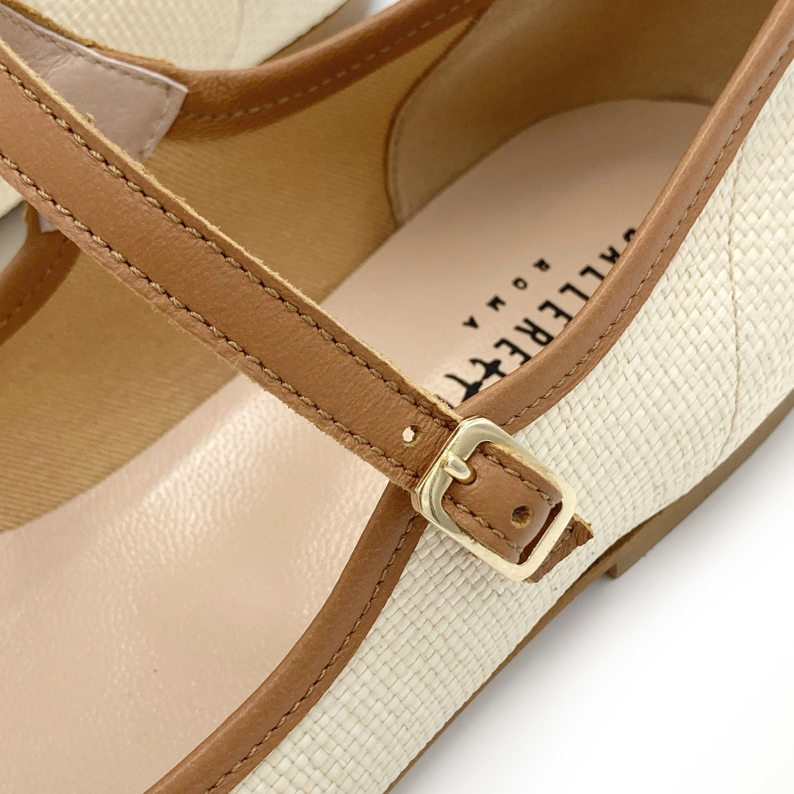 Ballerine Mary Jane estive in rafia beige e cinturino cuoio
