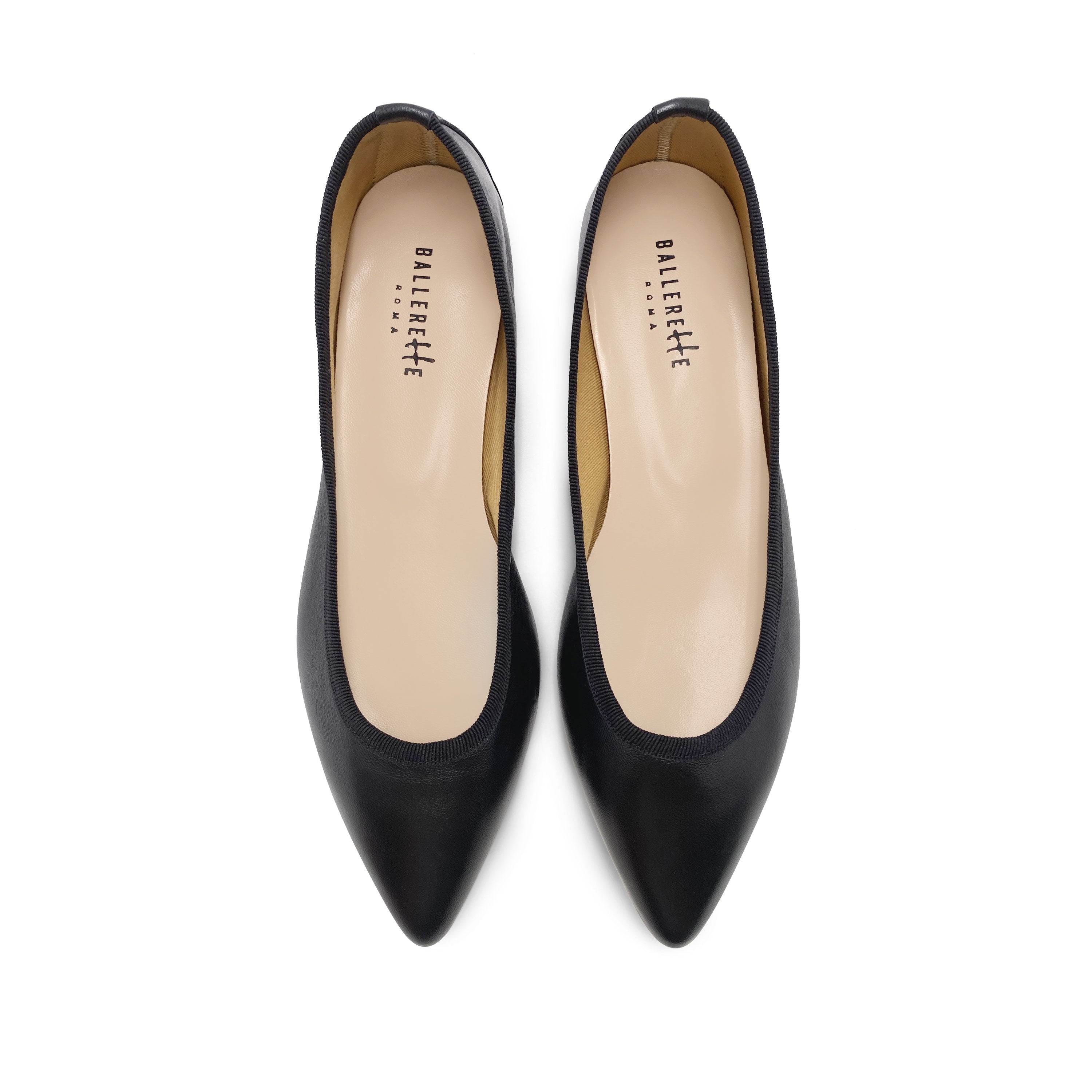 Pointed toe black leather ballet flats