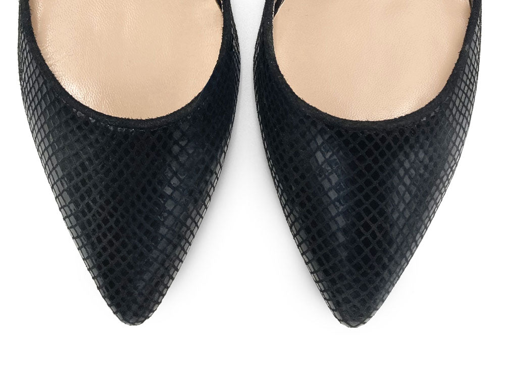 Black Summer Mule Shoes in Laminated Animal Print Suede with Ankle Tie