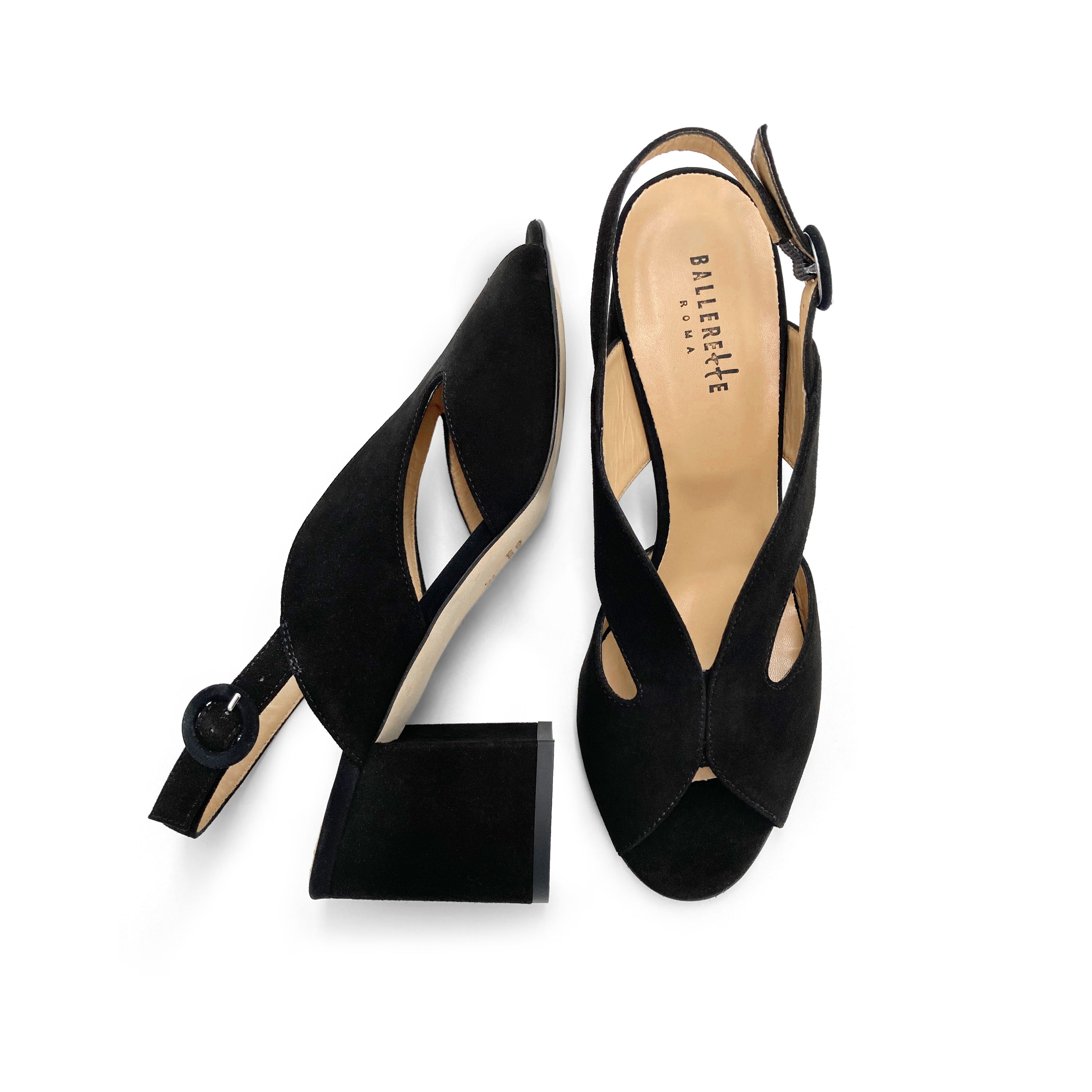 Chaussures slingback open toe en daim noir à talon