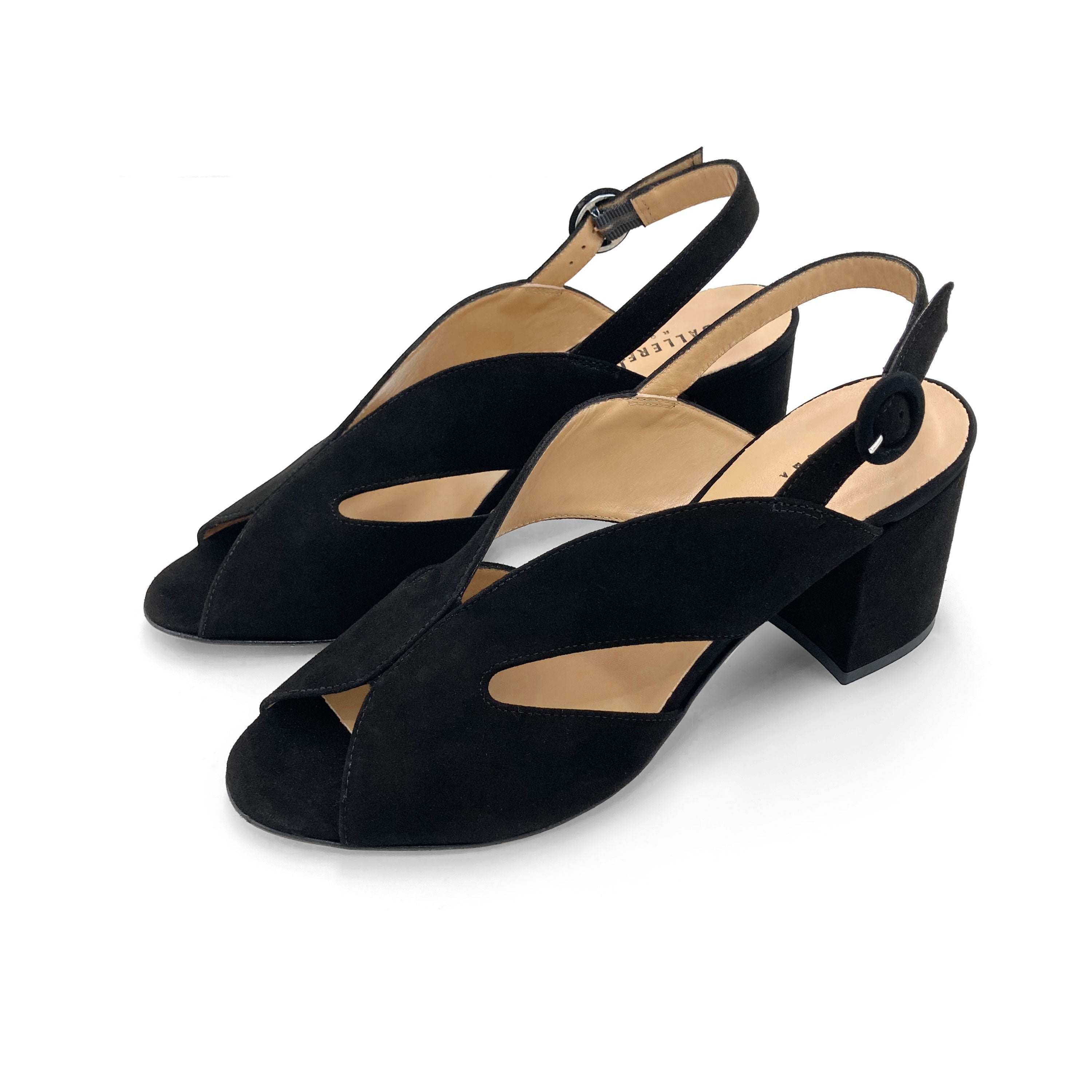 Chaussures slingback open toe en daim noir à talon