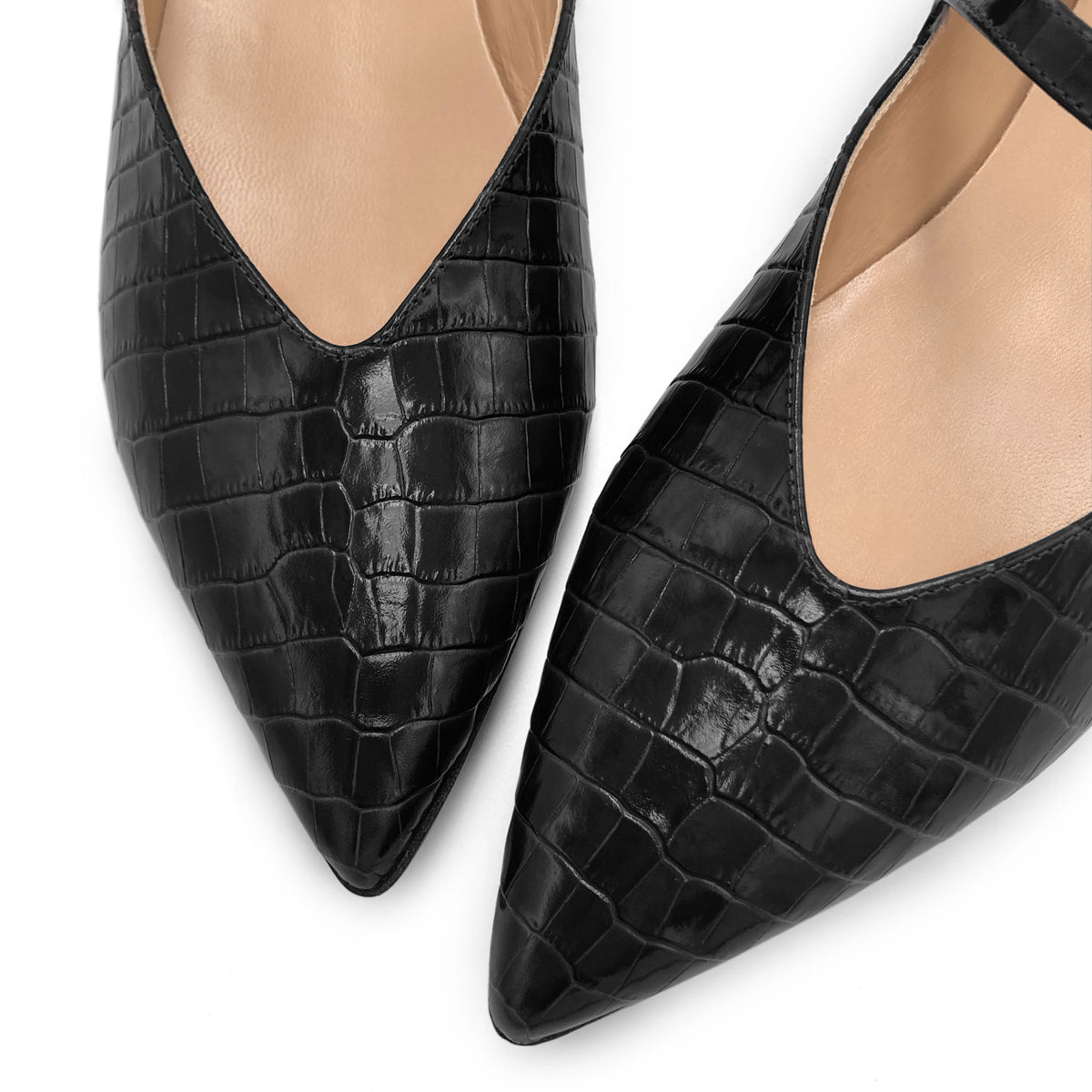 Schwarze Lederballerinas mit Krokodilprägung