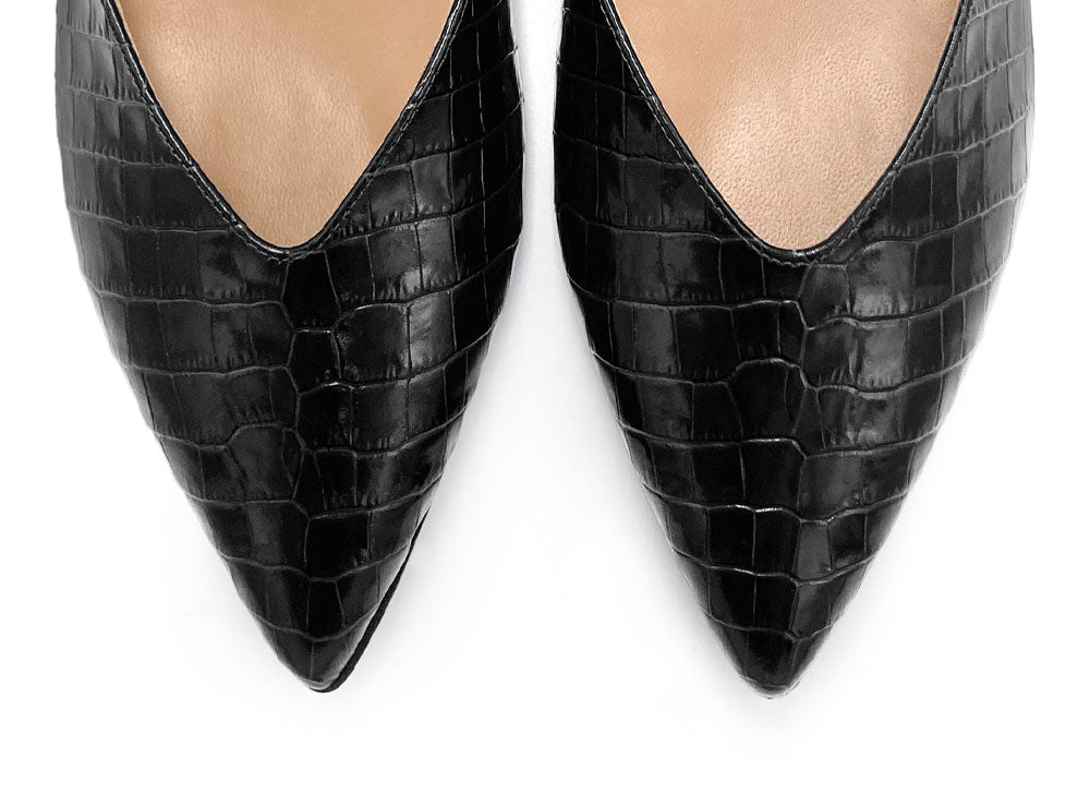 Schwarze Lederballerinas mit Krokodilprägung