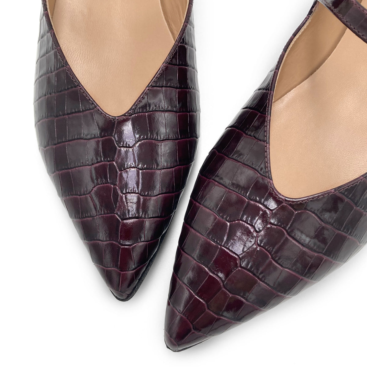 Bordeaux leather crocodile-print ballet flats