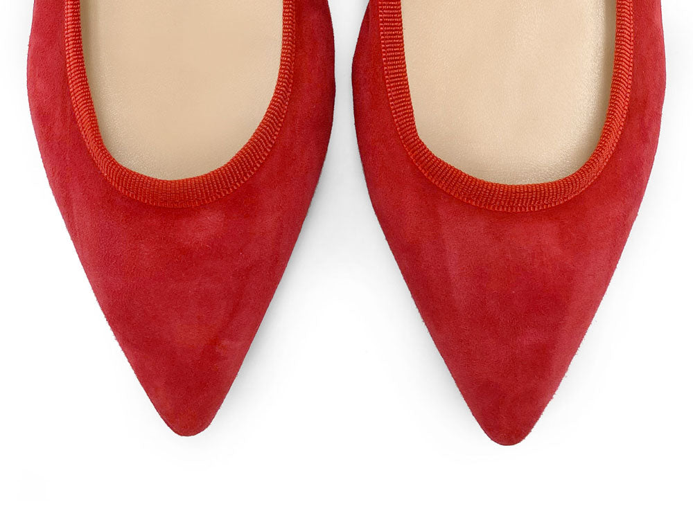 Pointed toe red suede ballet flats