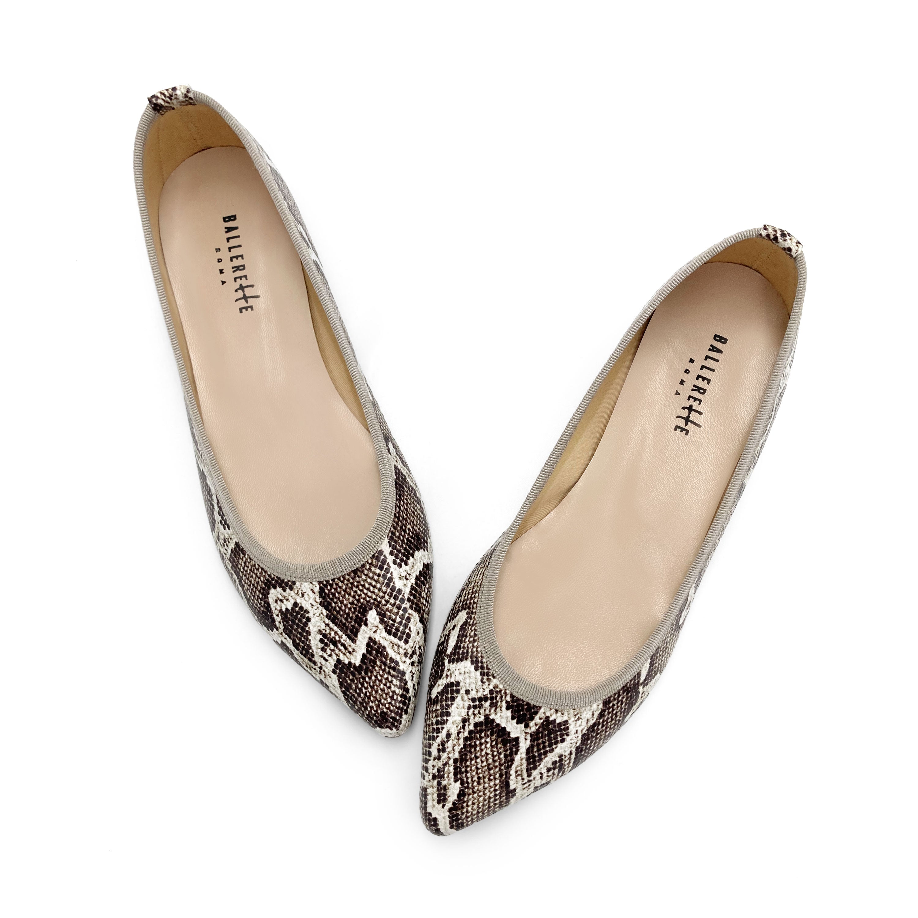 Ballerinas mit spitzer Spitze in Animal-Print-Python-Optik aus Leder