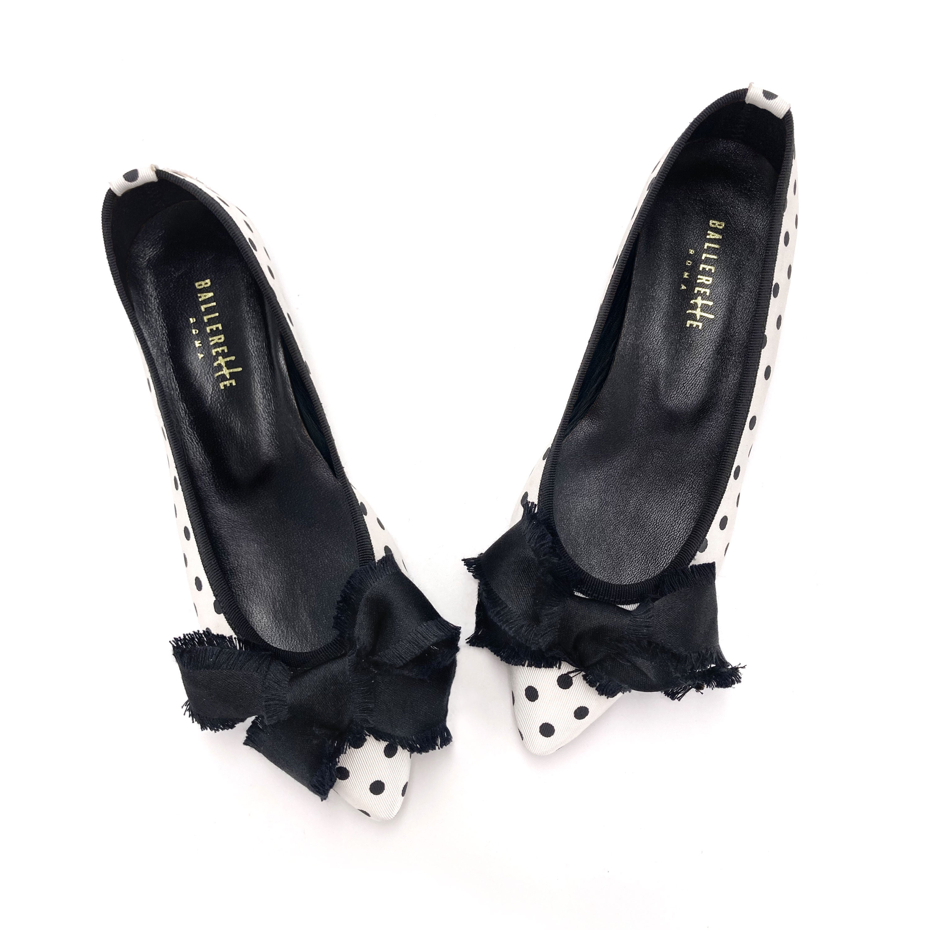 Black and white polka dot fabric ballet flats with bow