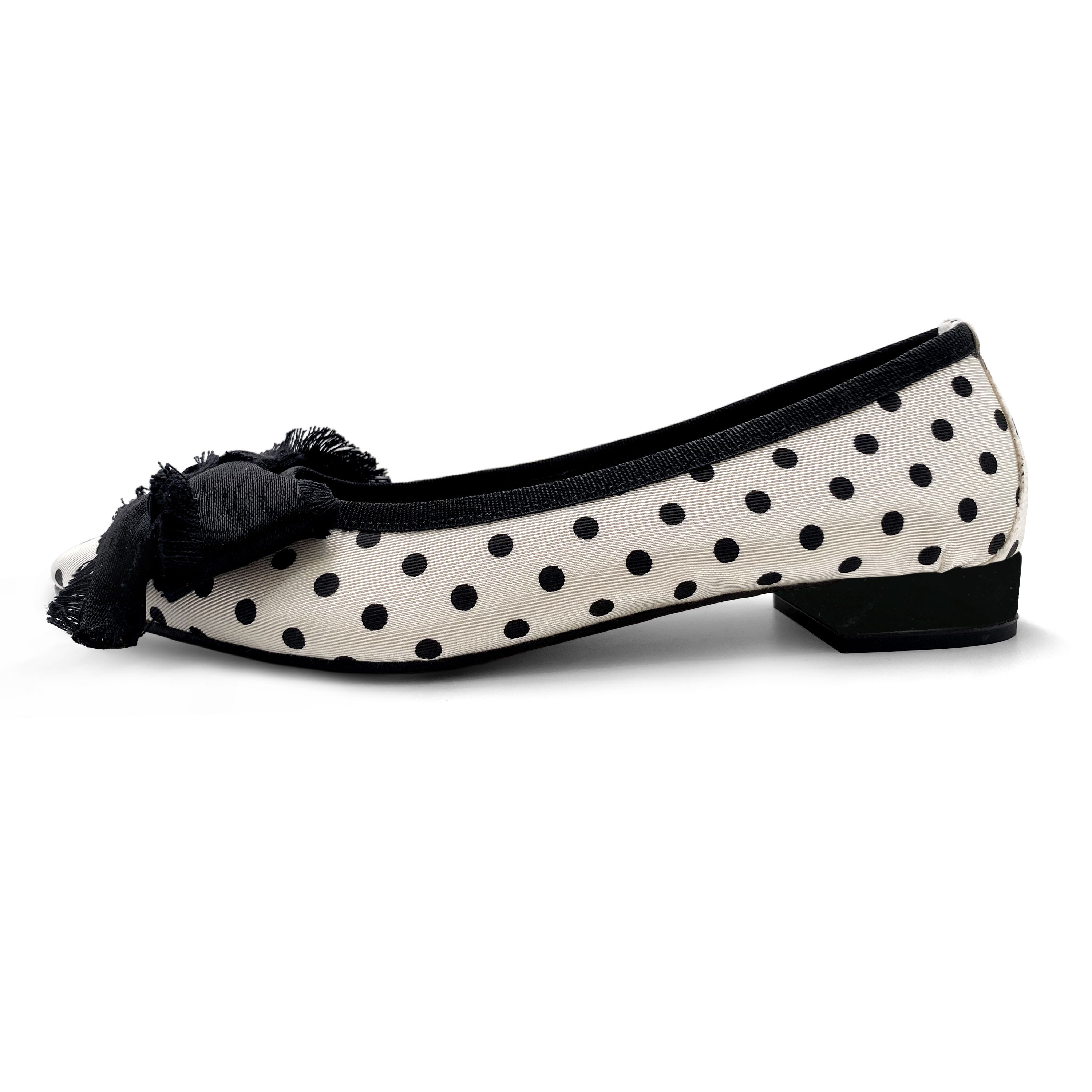 Black and white polka dot fabric ballet flats with bow